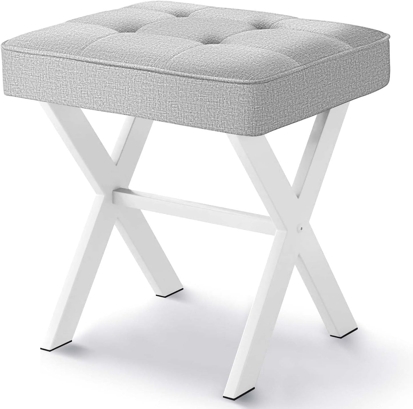 Ottoman Foot Stool, Upholstered Cushion Vanity Stool with White Metal X-Leg,Small Make up Stool for Vanity,18 Inch Linen Fabric Foot Stool, Square Makeup Stool for Bedroom, Light Grey