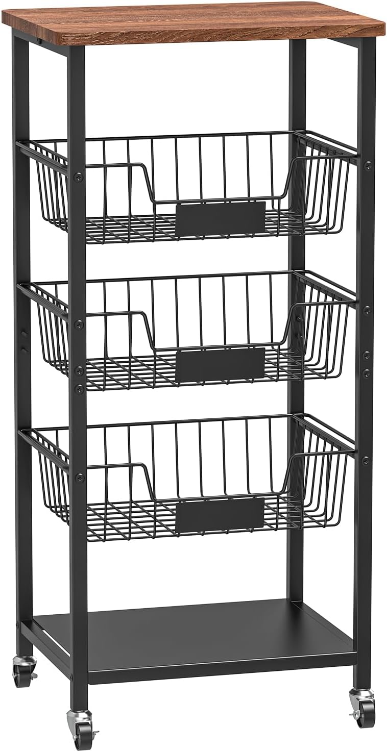 Kitchen Storage Cart, Kitchen Basket, 5-Tier Utility Organizer with Baskets and Wood Top, Rolling Snack Cart with Wheels, Metal Black
