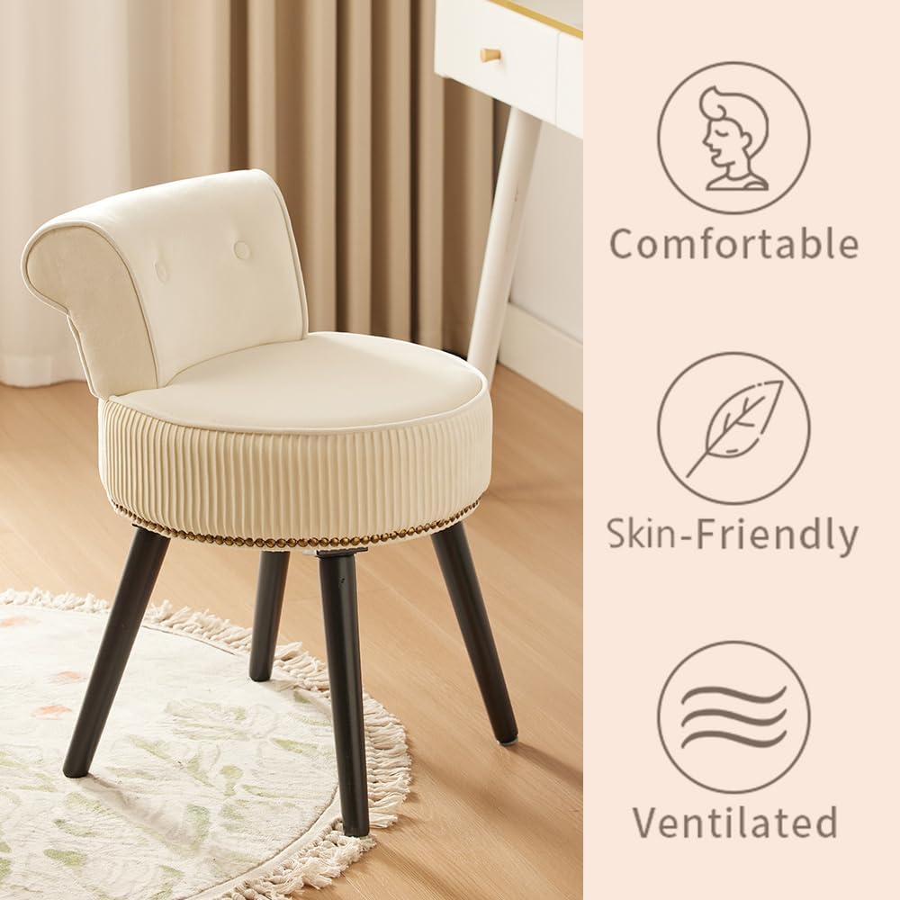 White Velvet Vanity Stool with Back - Vanity Chair with Low Back Tufted Accent Stool Makeup Chair for Bedroom Bathroom and Living Room