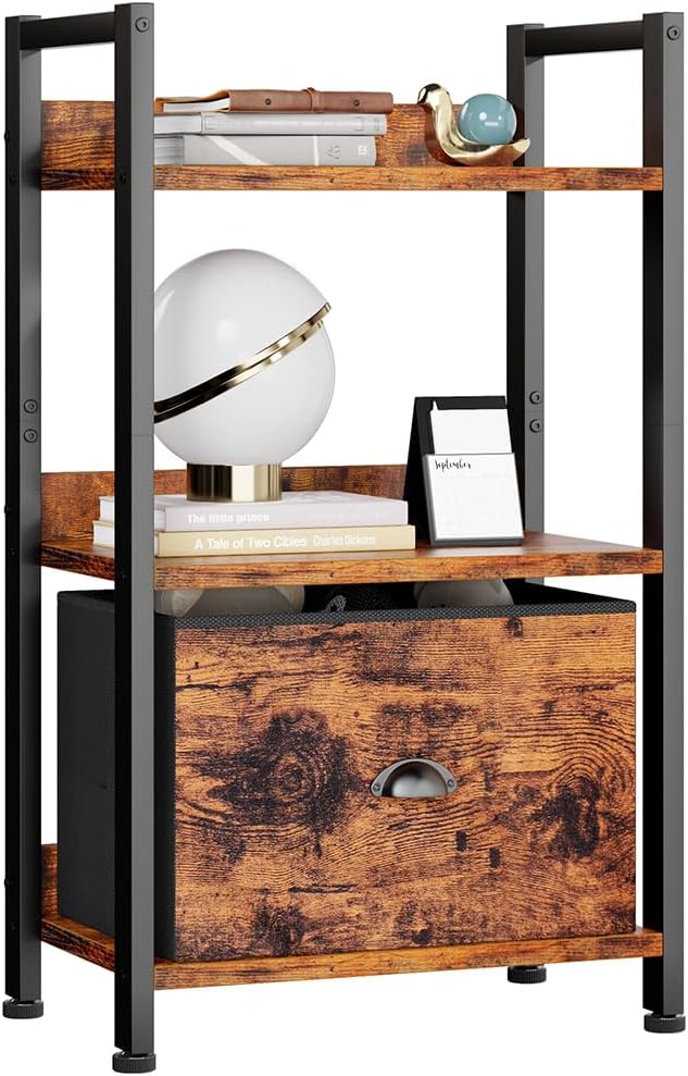 Furologee 5 Tier Bookshelf with Drawer, Kitchen Bakers Rack with Storage, Tall Narrow Bookcase, Industrial Free Standing Display Shelf, Wood and Metal Book Shelf for Bedroom, Living Room, Black