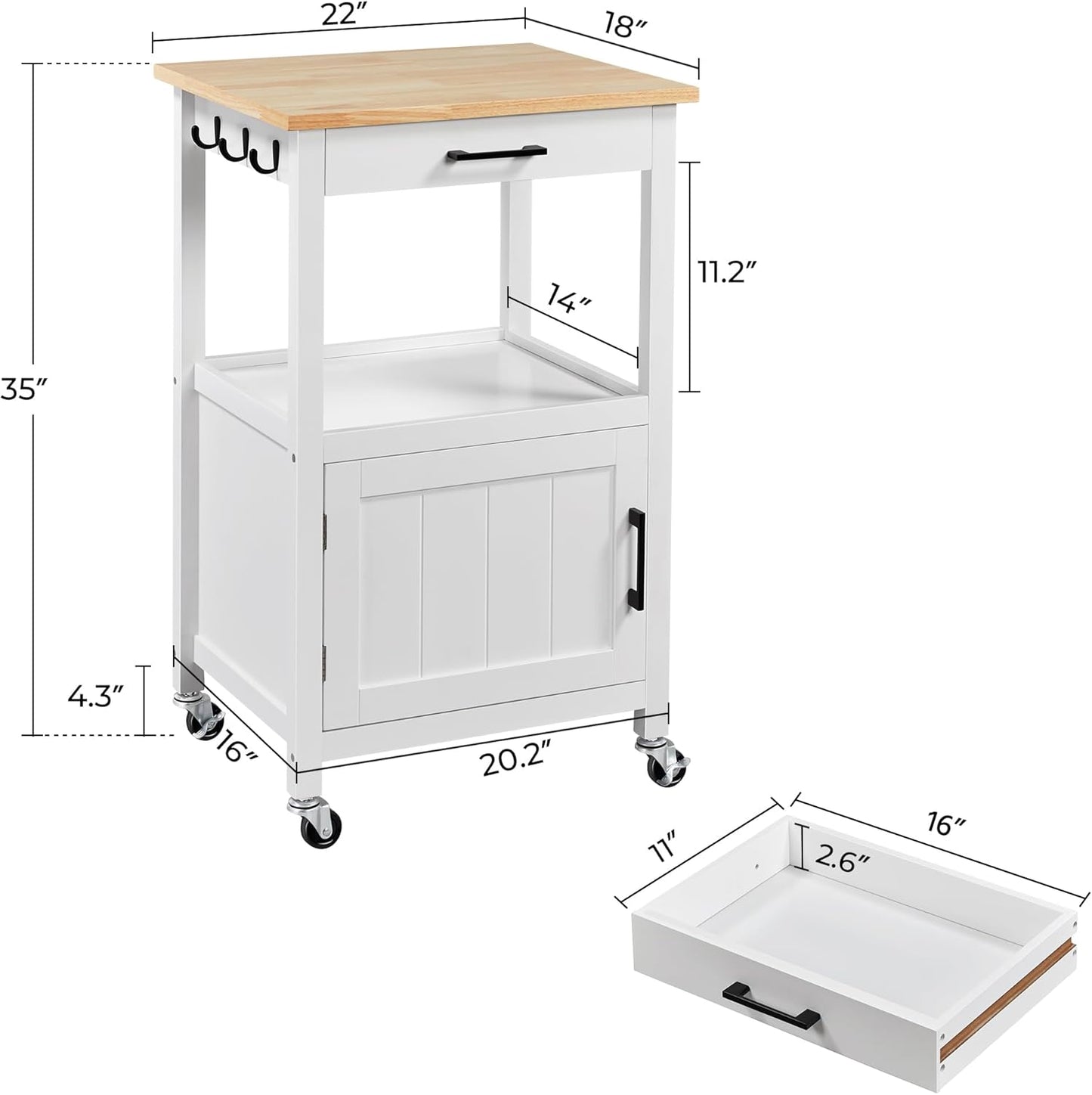 Yaheetech Rolling Kitchen Island with Single Door Cabinet, Kitchen Cart with Drawer on Swivel Wheels, Small Coffee Cart Microwave Stand with 3 Side Hooks for Dining Room, White