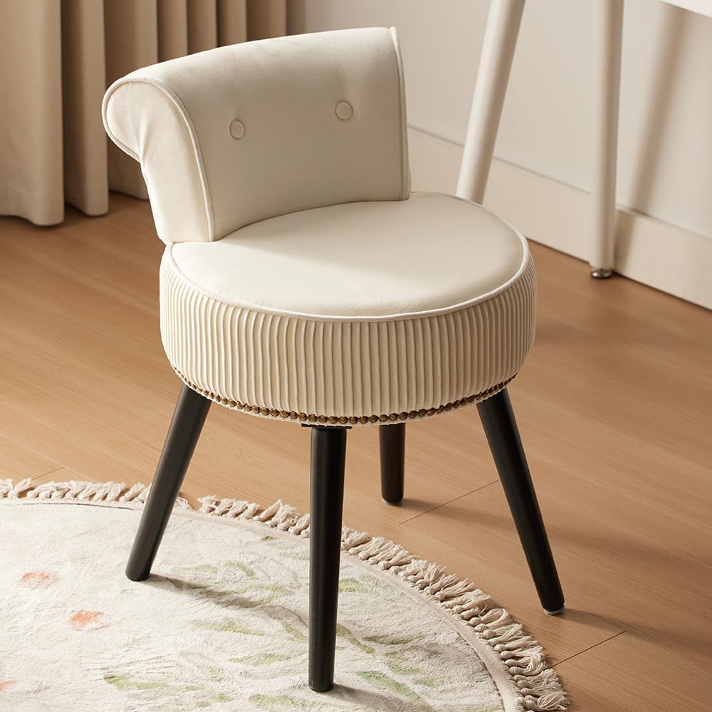 White Velvet Vanity Stool with Back - Vanity Chair with Low Back Tufted Accent Stool Makeup Chair for Bedroom Bathroom and Living Room