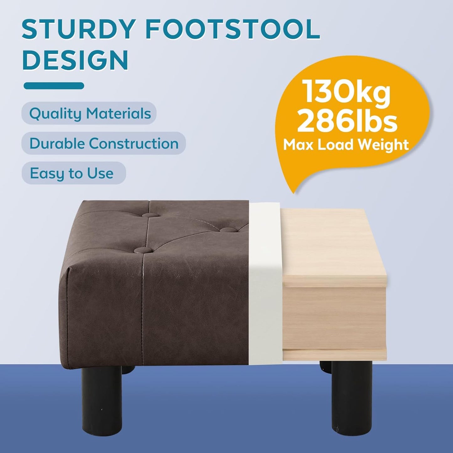 Small Foot Stool Ottoman, Faux Leather Footstool Ottoman Foot Rest for Couch, Rectangle Footstools and Ottomans Small for Living Room, Entryway and Bedroom (Brown)