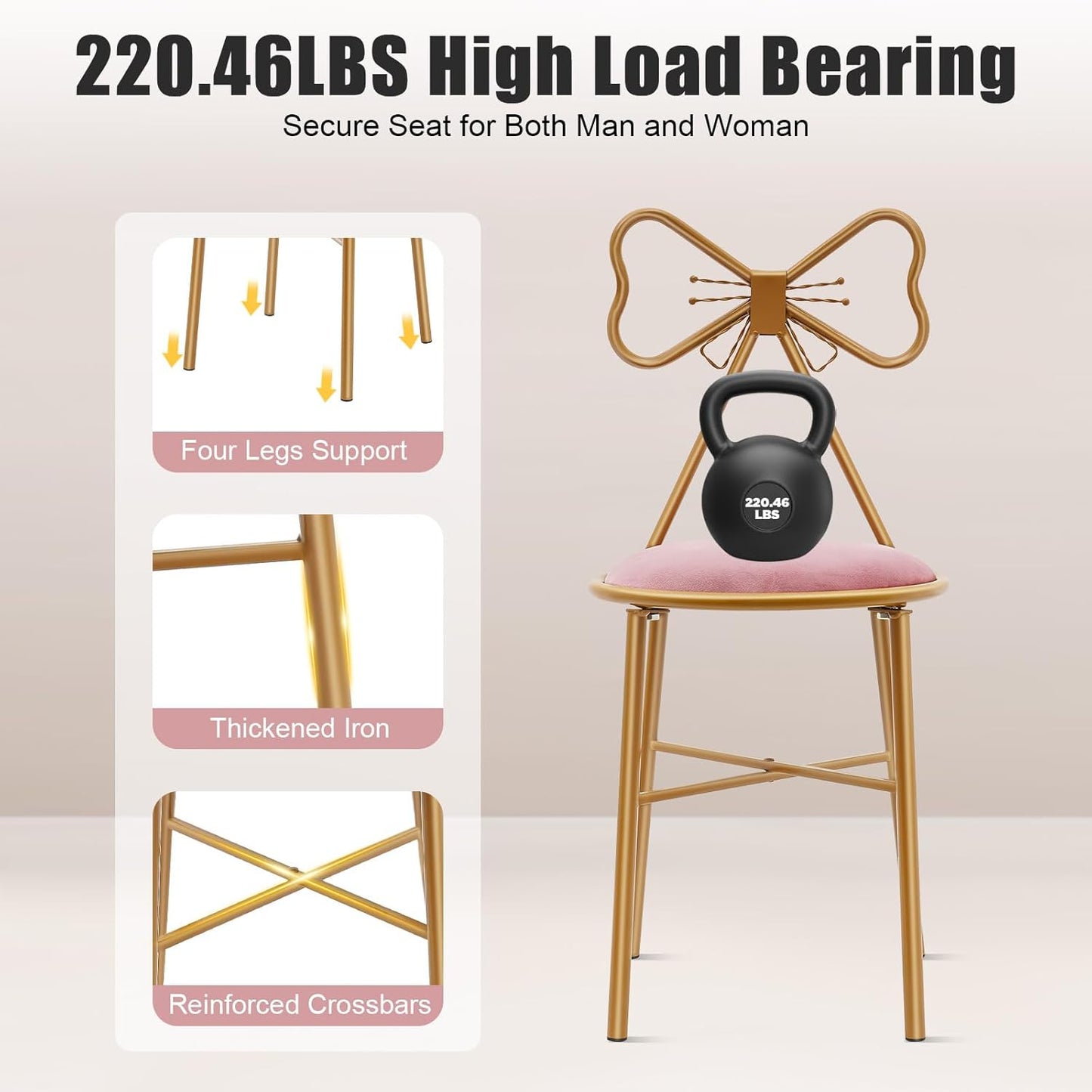 Modern Vanity Chair Stool, Cute Makeup Chair w/Butterfly Backrest and Pink Flannel Cushion, Girl's Stool Chair Ottoman Bench Metal Bench Legs Gold Dining Chair for Kitchen Bedroom Living Room