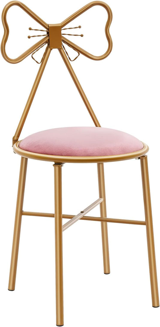 Modern Vanity Chair Stool, Cute Makeup Chair w/Butterfly Backrest and Pink Flannel Cushion, Girl's Stool Chair Ottoman Bench Metal Bench Legs Gold Dining Chair for Kitchen Bedroom Living Room