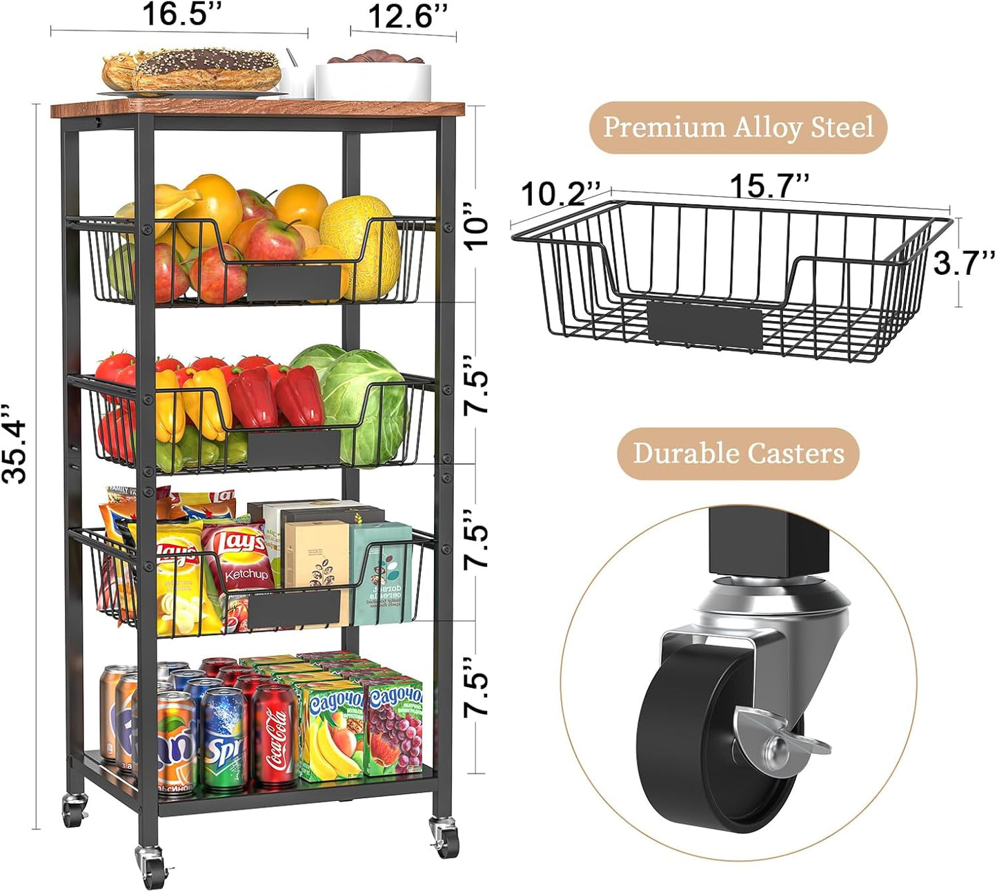 Kitchen Storage Cart, Kitchen Basket, 5-Tier Utility Organizer with Baskets and Wood Top, Rolling Snack Cart with Wheels, Metal Black