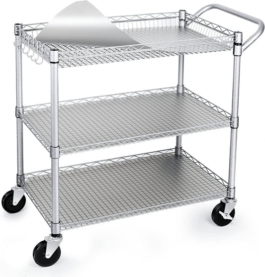 WDT 990Lbs Capacity Heavy Duty Rolling Utility Cart, NSF Rolling Carts with Wheels,Commercial Grade Metal Cart with Handle Bar & Shelf Liner,Trolley Serving Cart for Restaurant,Kitchen,Gray