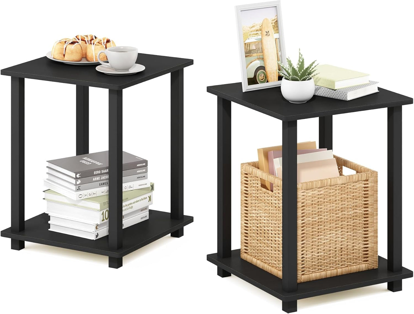 Furinno SIMPLISTIC Side Table Set of 2, 2-Tier End Table, Nightstand, Night Stand, Bedside Table, Easy Assembly, for Living Room, Bedroom, Espresso
