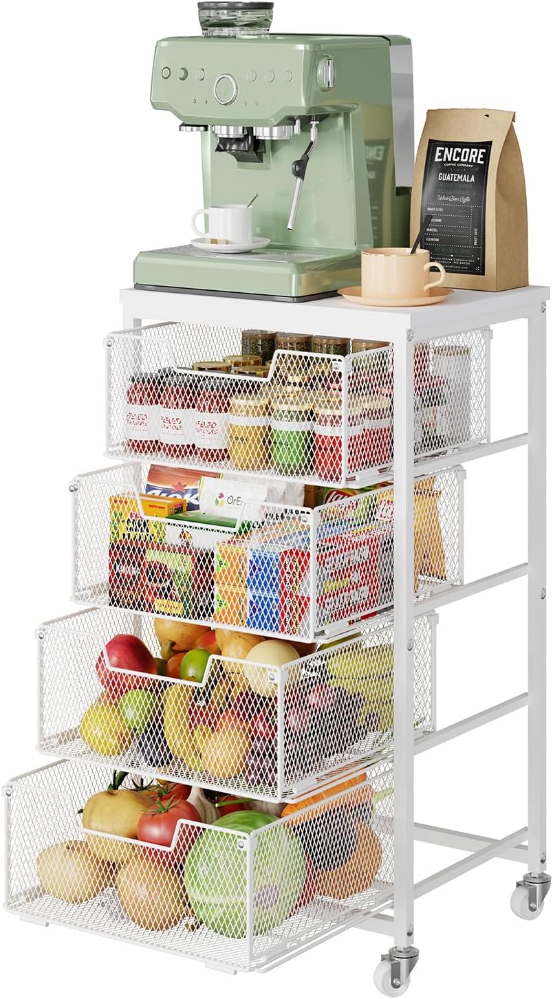 4-Tier Fruit Vegetable Storage Cart - Kitchen Organizer and Storage Cart with Wheels, Wooden Top Metal Wire Fruit Vegetable Rack Stand with Drawers to Storage Cans Snacks for Kitchen(Patent Pending)