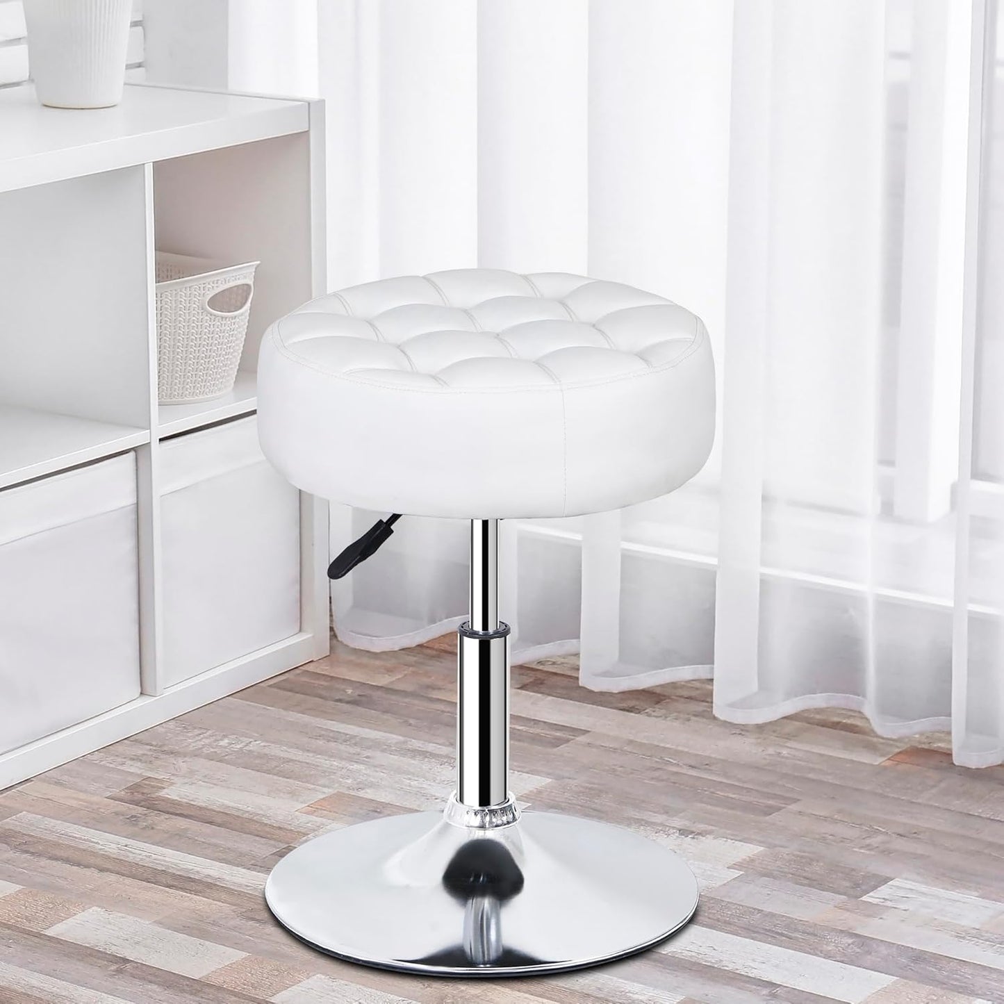 JupiterForce Adjustable Vanity Stool Chair for Makeup, 360° Swivel Makeup Vanity Chair Faux Leather Vanity Stool for Makeup Room, Bathroom and Living Room, White