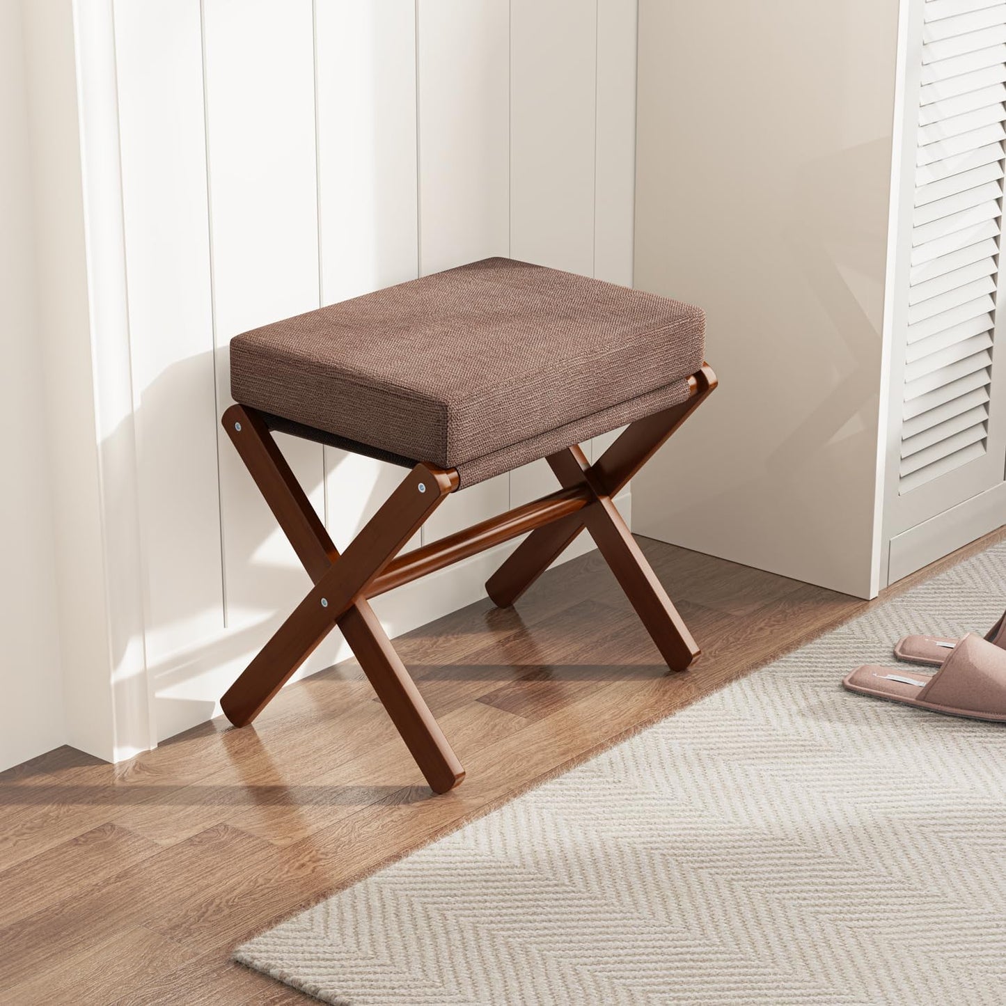 Foldable Foot Stool Ottoman, Modern Foot Rest with Bamboo X Legs & Thick Foam Cushion, Folding Foot Stools Small Padded for Bedroom Living Room, Makeup Vanity Stool Chair (Brown - Brown)