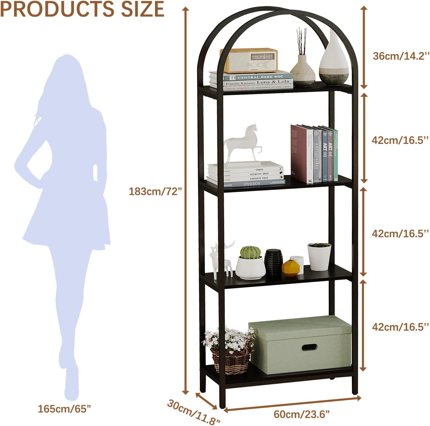 Bookshelf Arched Bookcase, Industrial Curved Metal Book Shelves, 72" Tall Freestanding Open Storage Shelf Display Rack for Living Room Home Office, Black, 4-Tier