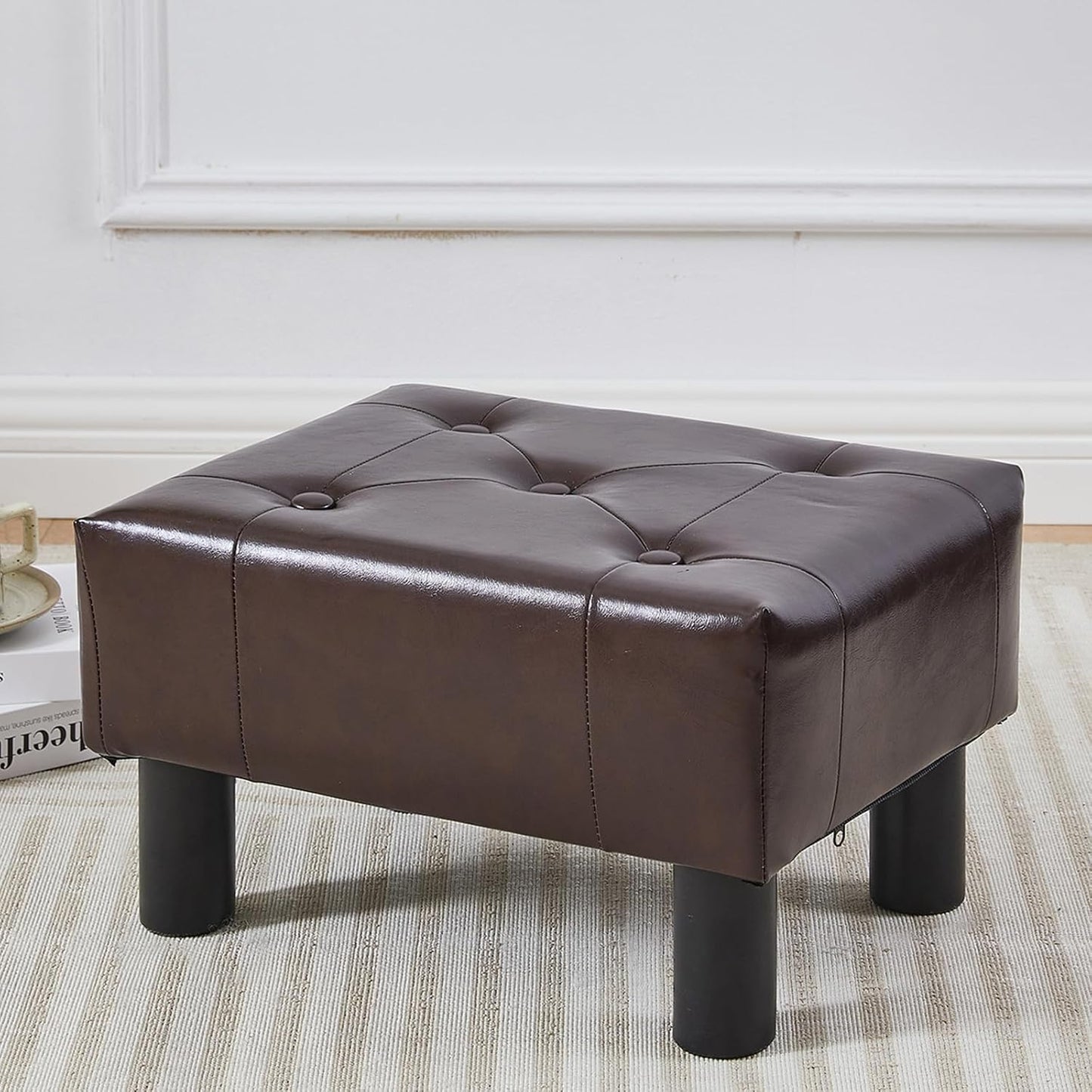 Small Foot Stool Ottoman, Faux Leather Footstool Ottoman Foot Rest for Couch, Rectangle Footstools and Ottomans Small for Living Room, Entryway and Bedroom (Brown)