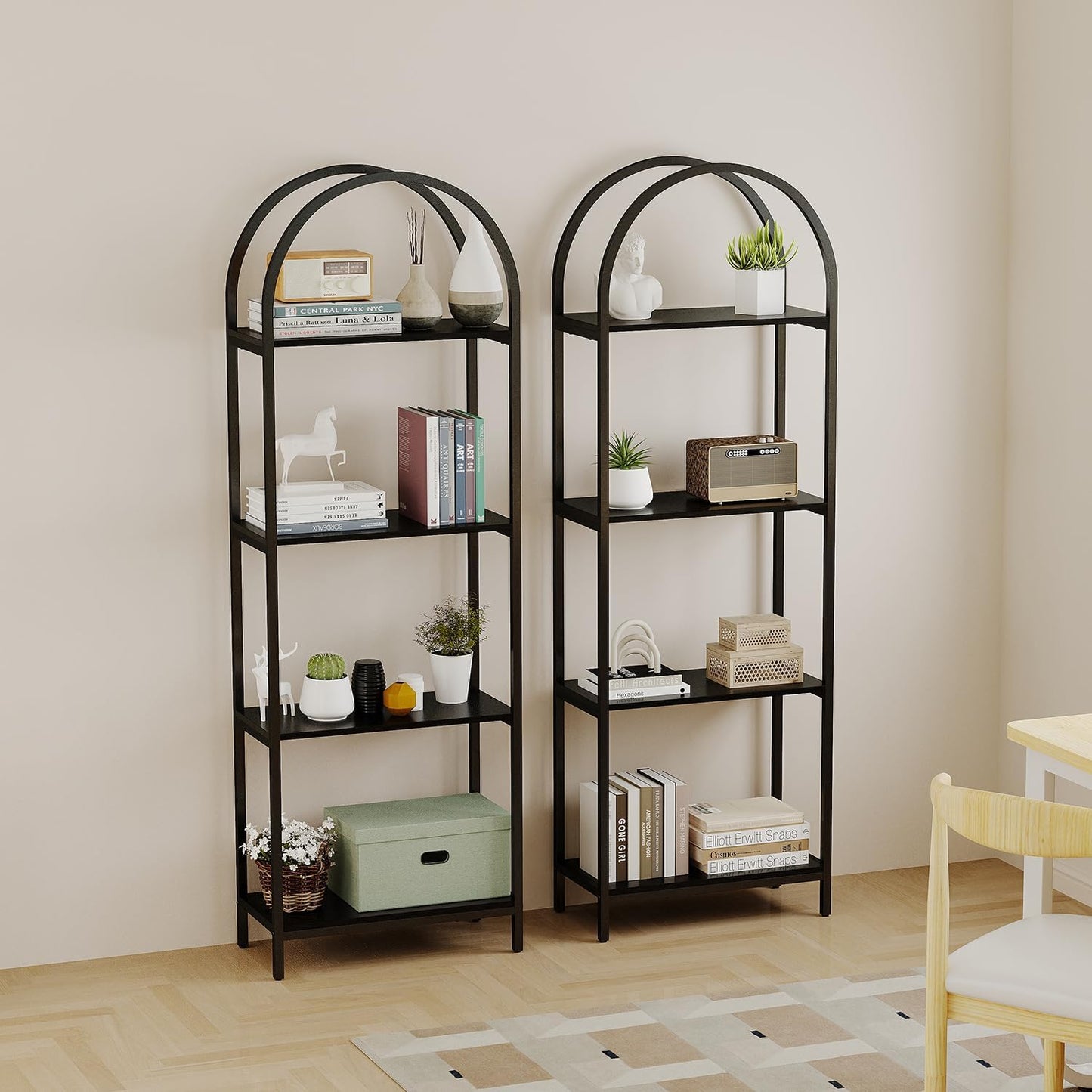 Bookshelf Arched Bookcase, Industrial Curved Metal Book Shelves, 72" Tall Freestanding Open Storage Shelf Display Rack for Living Room Home Office, Black, 4-Tier