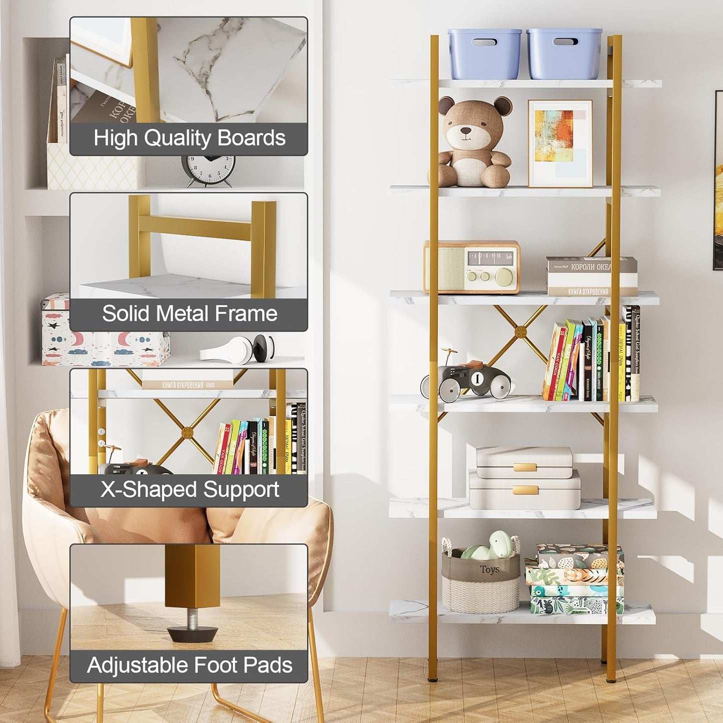 6 Tiers Bookshelf Organizer White Faux Marble Shelf,Modern Open Display Storage Bookcase, and Metal Bookshelf Standing Storage Shelf Tall Shelving Units for Home Office Study