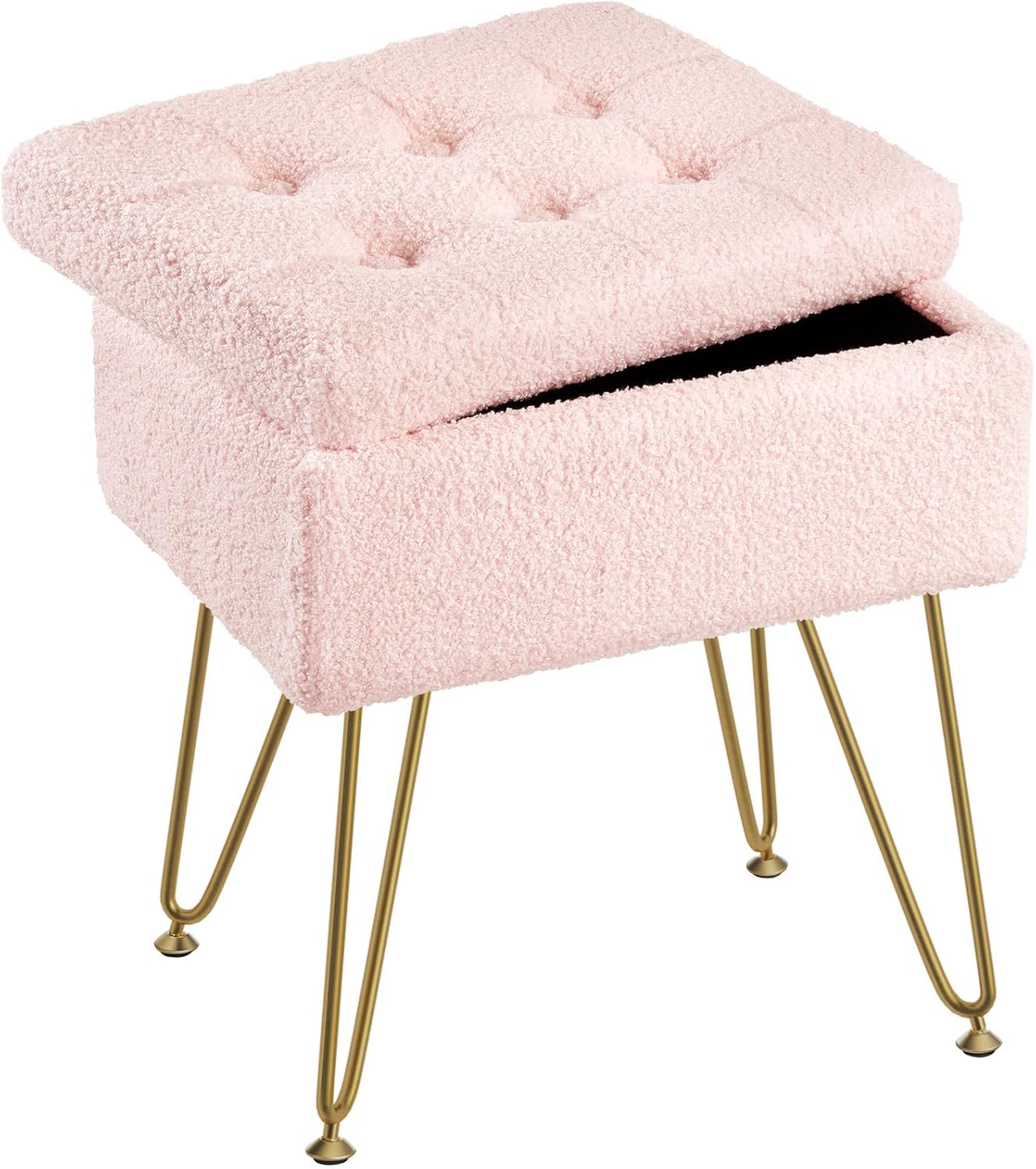 Seventable Vanity Stool Chair with Storage, Teddy Velvet Soft Ottoman, 4 Metal Legs with Anti-Slip Feet, Furry Padded Seat, Multifunctional Stool for Makeup, Footstool, Bedroom, Pink