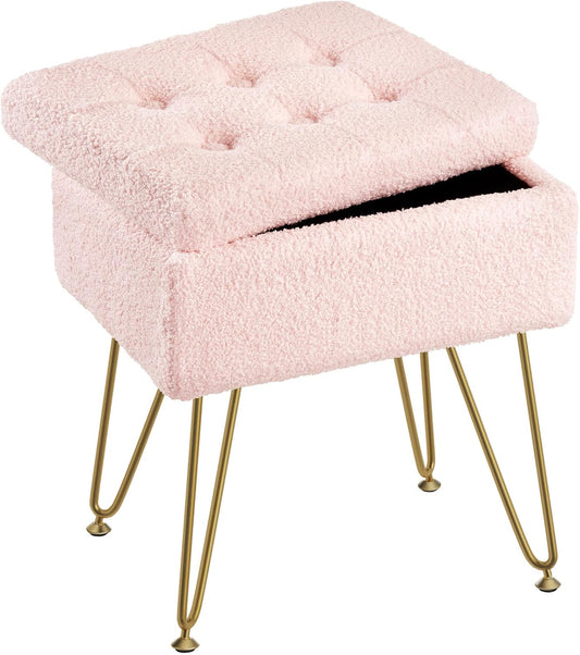 Seventable Vanity Stool Chair with Storage, Teddy Velvet Soft Ottoman, 4 Metal Legs with Anti-Slip Feet, Furry Padded Seat, Multifunctional Stool for Makeup, Footstool, Bedroom, Pink