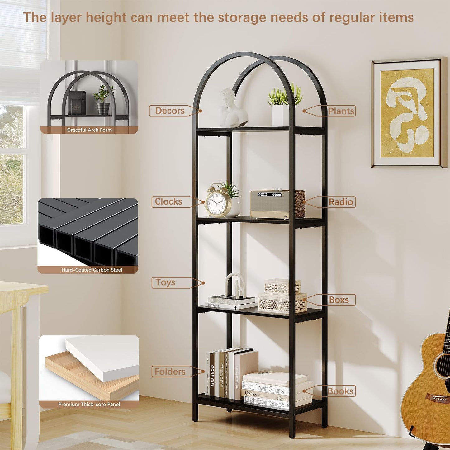 Bookshelf Arched Bookcase, Industrial Curved Metal Book Shelves, 72" Tall Freestanding Open Storage Shelf Display Rack for Living Room Home Office, Black, 4-Tier