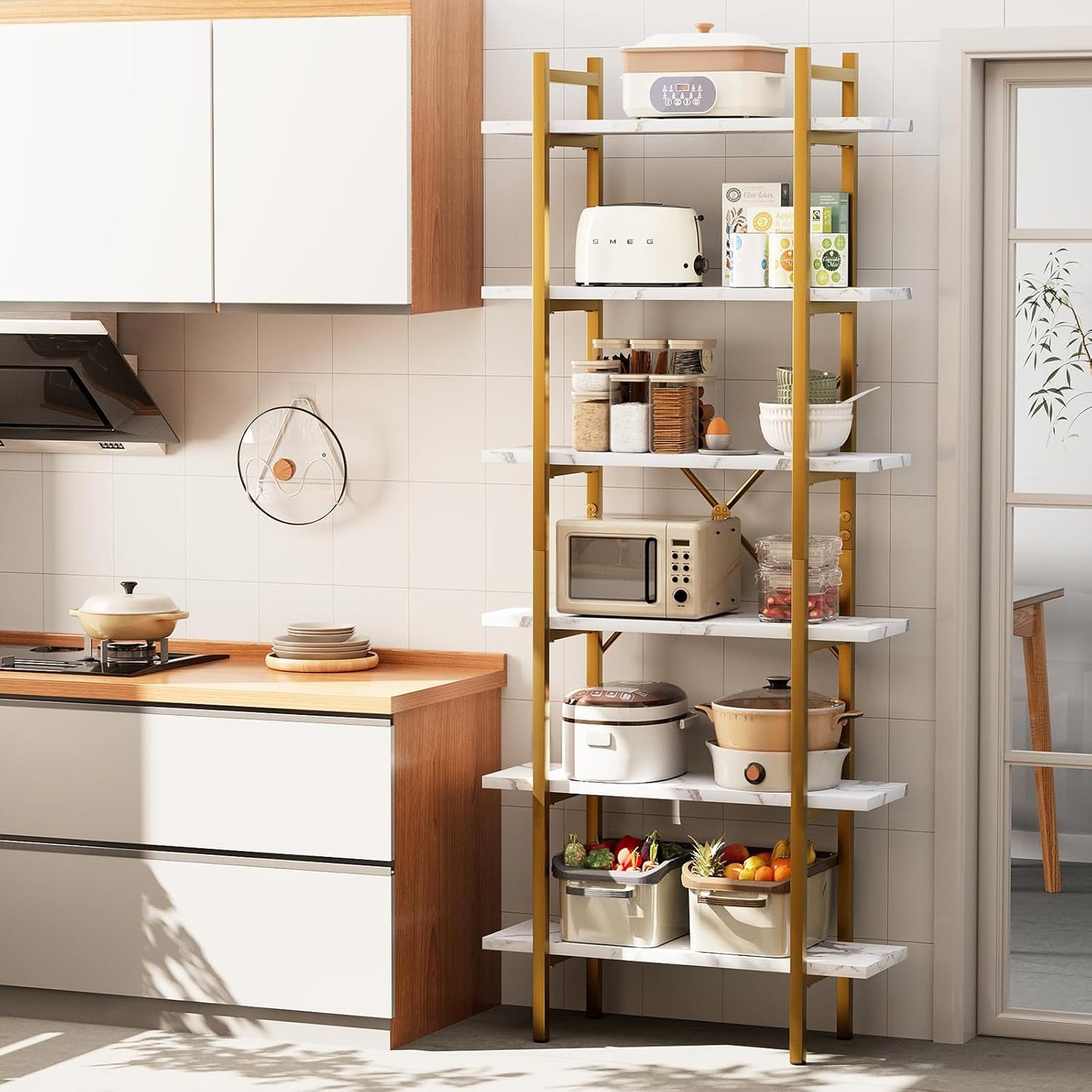 6 Tiers Bookshelf Organizer White Faux Marble Shelf,Modern Open Display Storage Bookcase, and Metal Bookshelf Standing Storage Shelf Tall Shelving Units for Home Office Study