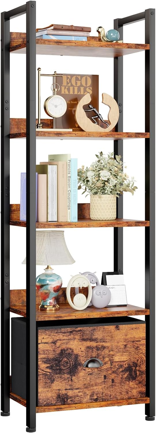 Furologee 5 Tier Bookshelf with Drawer, Kitchen Bakers Rack with Storage, Tall Narrow Bookcase, Industrial Free Standing Display Shelf, Wood and Metal Book Shelf for Bedroom, Living Room, Black