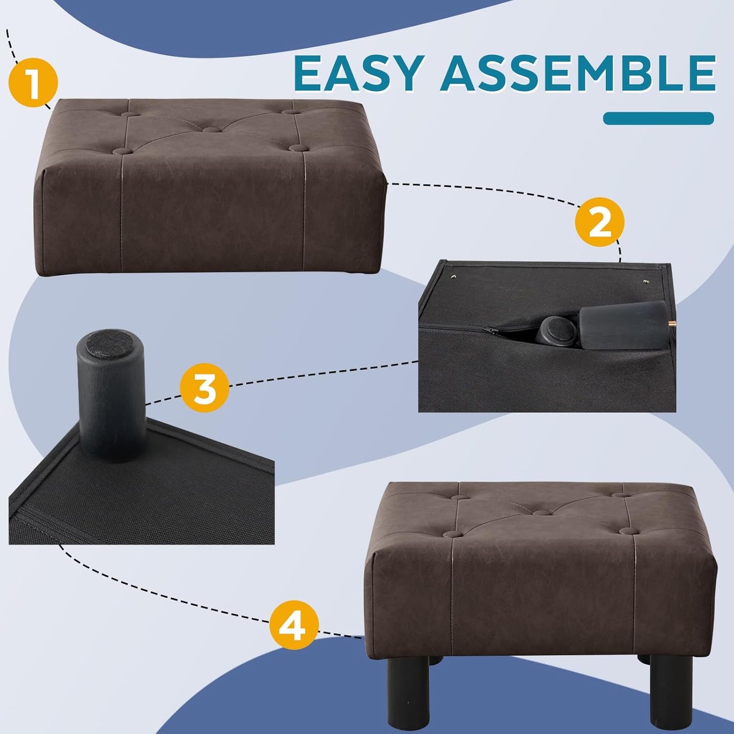 Small Foot Stool Ottoman, Faux Leather Footstool Ottoman Foot Rest for Couch, Rectangle Footstools and Ottomans Small for Living Room, Entryway and Bedroom (Brown)