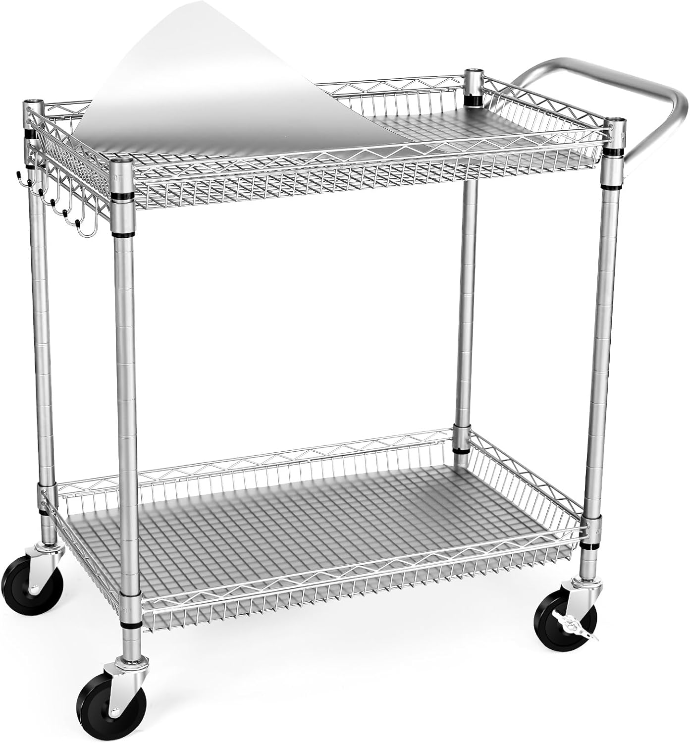 WDT 990Lbs Capacity Heavy Duty Rolling Utility Cart, NSF Rolling Carts with Wheels,Commercial Grade Metal Cart with Handle Bar & Shelf Liner,Trolley Serving Cart for Restaurant,Kitchen,Gray