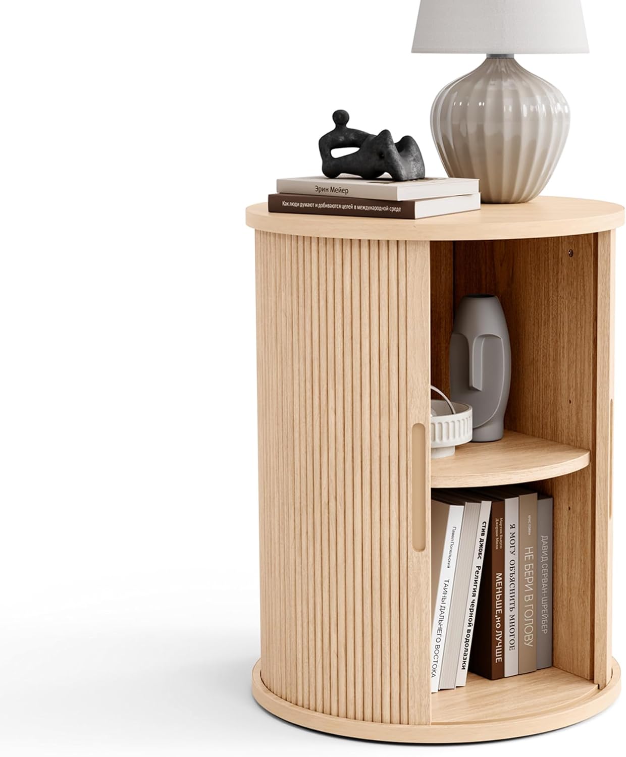 LINSY HOME Round Fluted End Table, Tall Side Table with Sliding Tambour Door and Storage Shelf, Modern Bedside Table, Mid-Century Nightstand for Living Room, Bedroom, Walnut