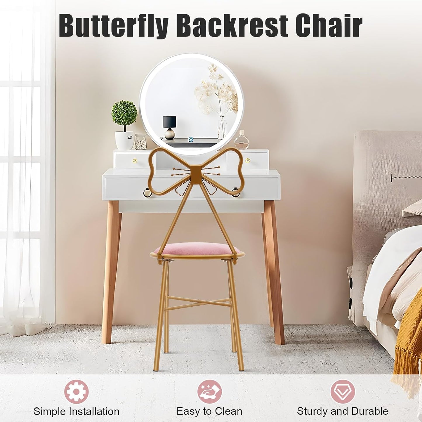 Modern Vanity Chair Stool, Cute Makeup Chair w/Butterfly Backrest and Pink Flannel Cushion, Girl's Stool Chair Ottoman Bench Metal Bench Legs Gold Dining Chair for Kitchen Bedroom Living Room