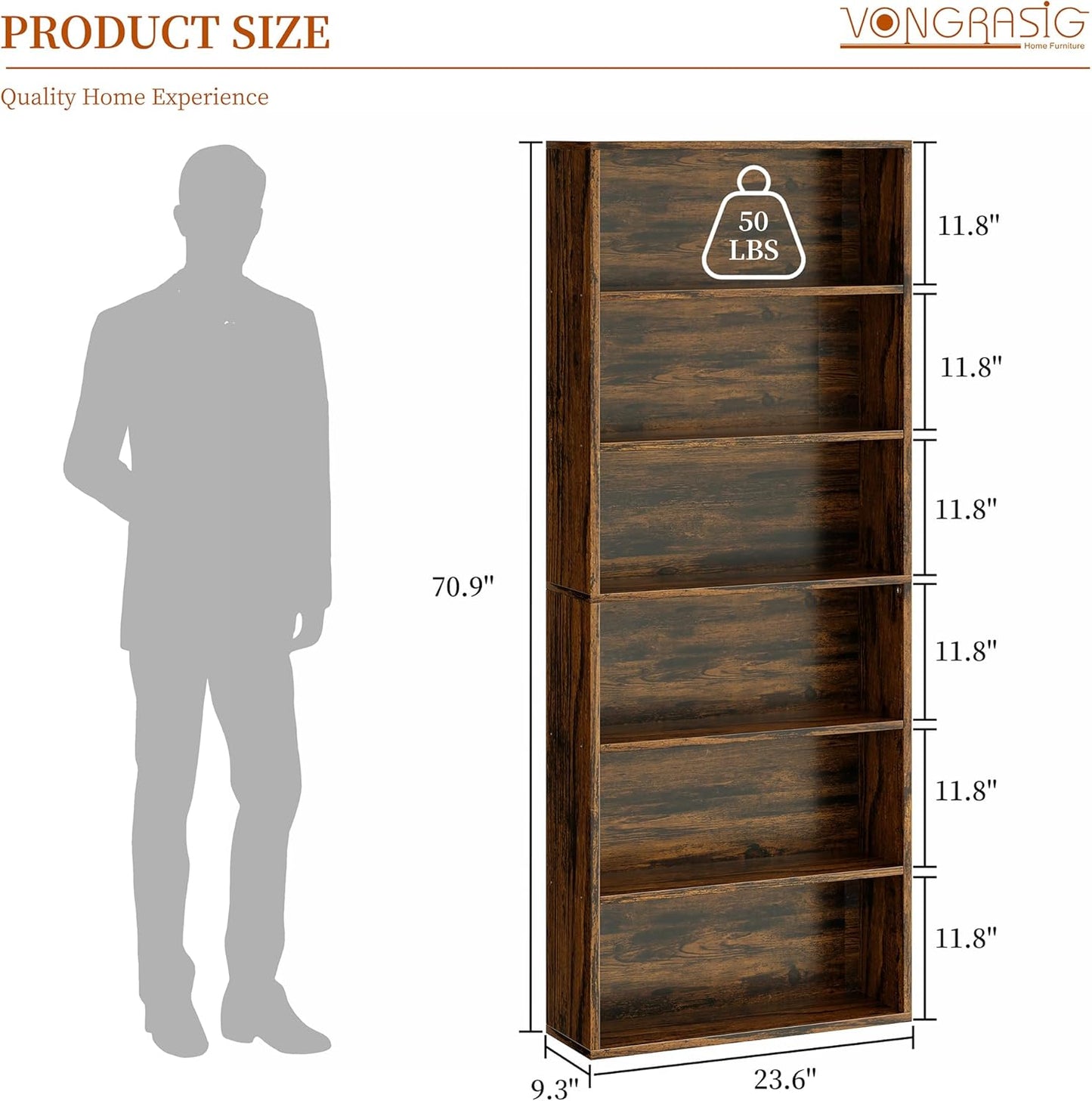 Vongrasig 6-Tier Open Bookcase and Bookshelf, Floor Standing Wood Display Storage Shelves 71 Inch Tall Bookcase Home Decor Furniture for Home Office, Living Room, Bed Room, Rustic Brown