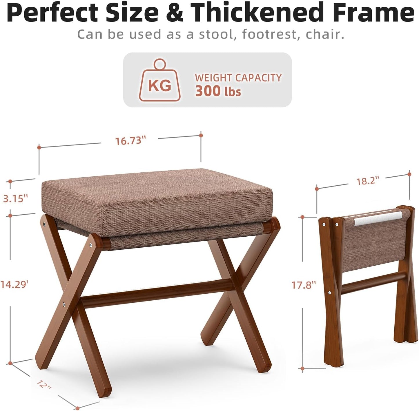 Foldable Foot Stool Ottoman, Modern Foot Rest with Bamboo X Legs & Thick Foam Cushion, Folding Foot Stools Small Padded for Bedroom Living Room, Makeup Vanity Stool Chair (Brown - Brown)