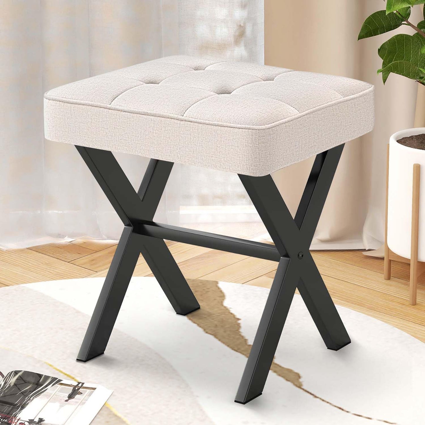 Ottoman Foot Stool, Upholstered Cushion Vanity Stool with White Metal X-Leg,Small Make up Stool for Vanity,18 Inch Linen Fabric Foot Stool, Square Makeup Stool for Bedroom, Light Grey
