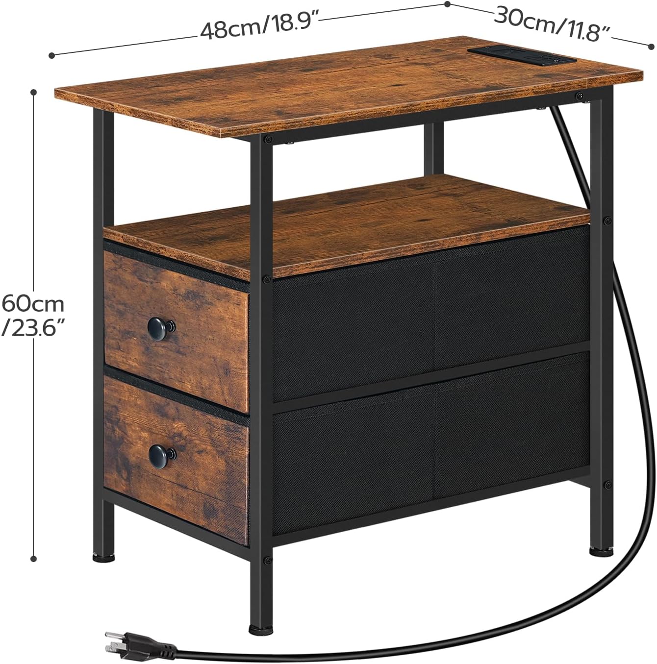HOOBRO End Table with Charging Station, Narrow Side Table, Nightstand with 2 Non-Woven Drawers, Slim Sofa Side Table, for Small Spaces, Living Room, Bedroom, Rustic Brown and Black BF486UBZ01
