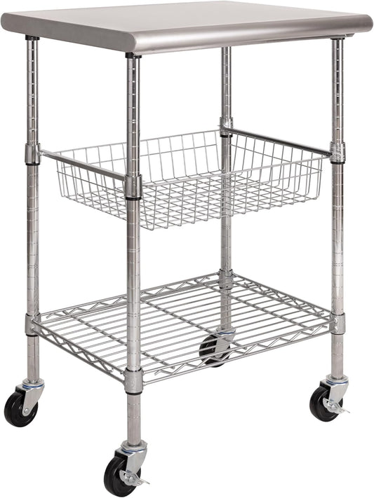 Seville Classics Commercial Work Table Island Utility Cart Prep Station, for Restaurant, Kitchen, Warehouse, Garage, Hotel, Home, Stainless-Steel Top NSF , 24" W x 20" D