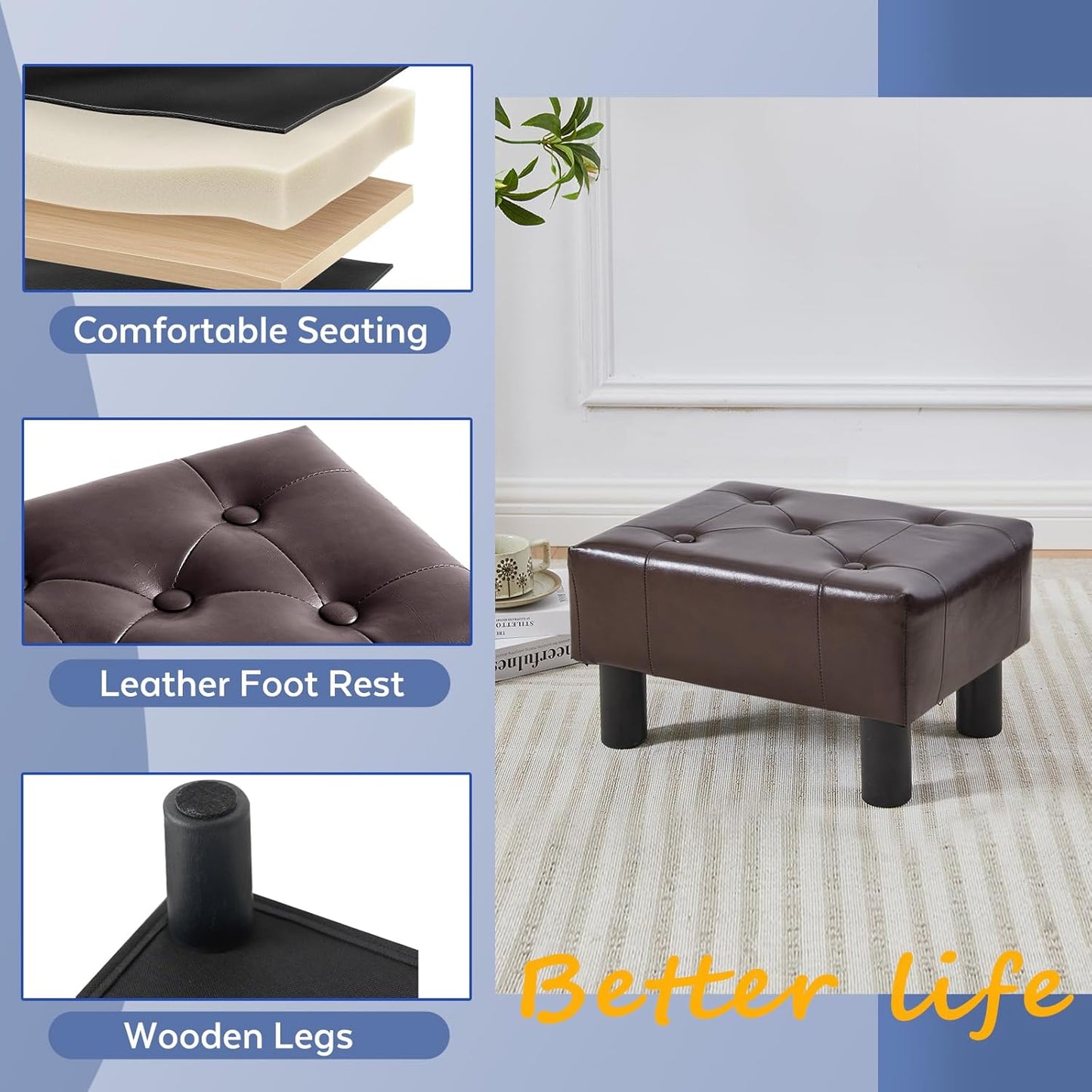 Small Foot Stool Ottoman, Faux Leather Footstool Ottoman Foot Rest for Couch, Rectangle Footstools and Ottomans Small for Living Room, Entryway and Bedroom (Brown)