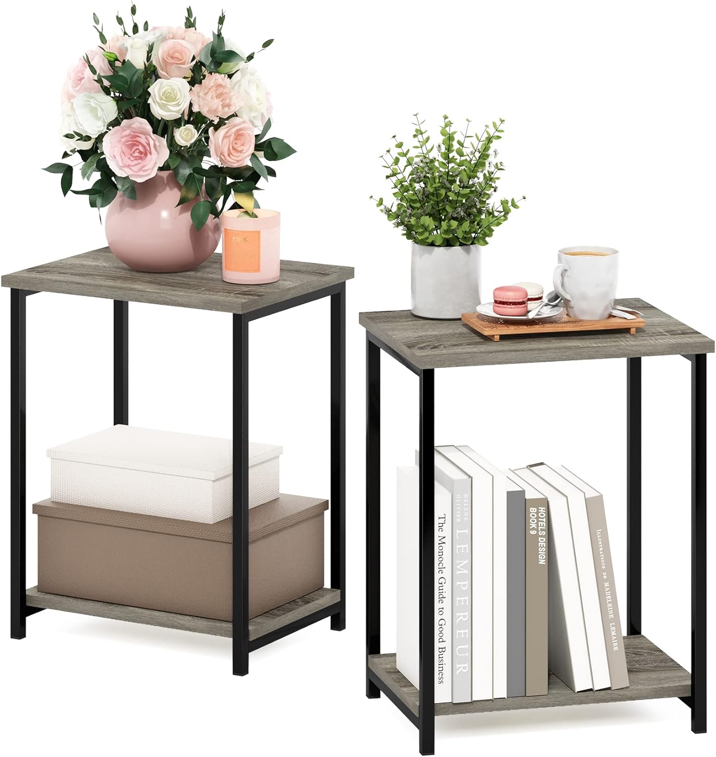 Furinno SIMPLISTIC Side Table Set of 2, 2-Tier End Table, Nightstand, Night Stand, Bedside Table, Easy Assembly, for Living Room, Bedroom, Espresso