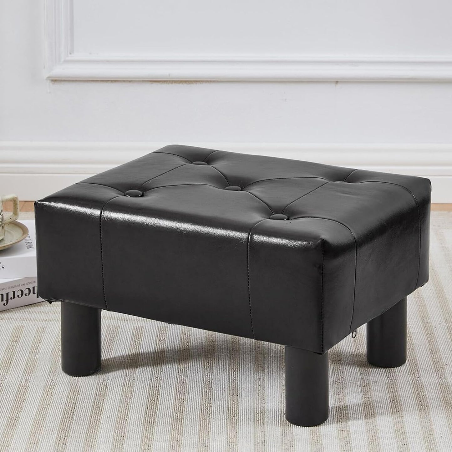 Small Foot Stool Ottoman, Faux Leather Footstool Ottoman Foot Rest for Couch, Rectangle Footstools and Ottomans Small for Living Room, Entryway and Bedroom (Brown)