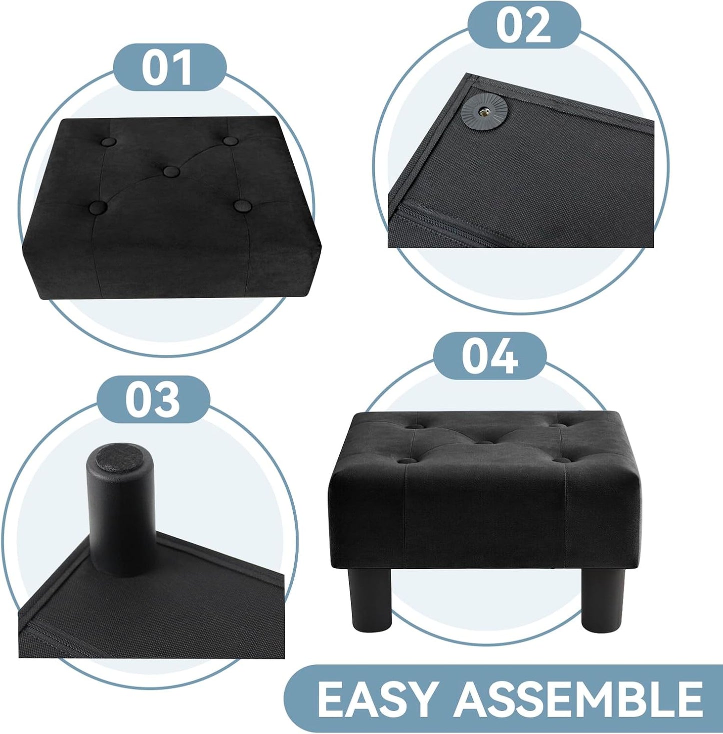 Poofzy Small Foot Stool Ottoman, Velvet Ottoman Foot Rest with Legs, Rectangle Foot Rest for Couch, Footstools and Ottomans Small for Living Room and Entryway (Black)