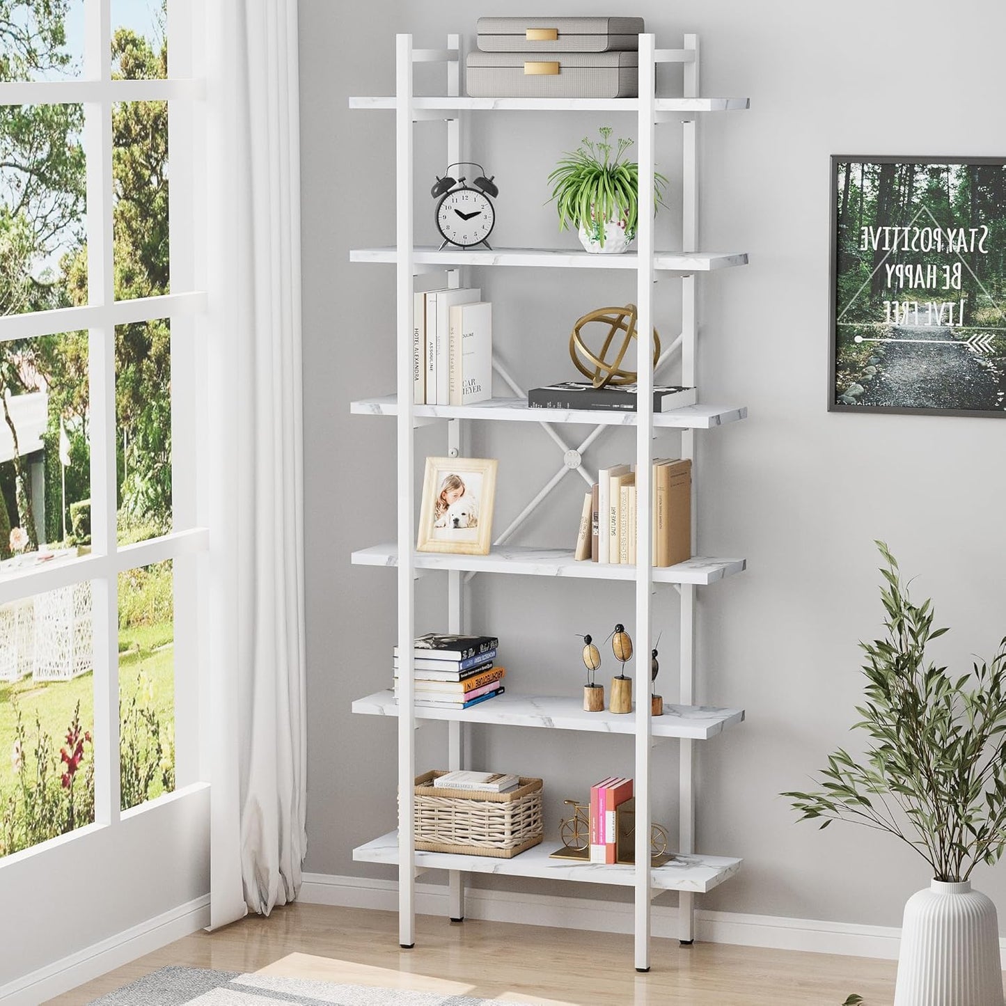 6 Tiers Bookshelf Organizer White Faux Marble Shelf,Modern Open Display Storage Bookcase, and Metal Bookshelf Standing Storage Shelf Tall Shelving Units for Home Office Study