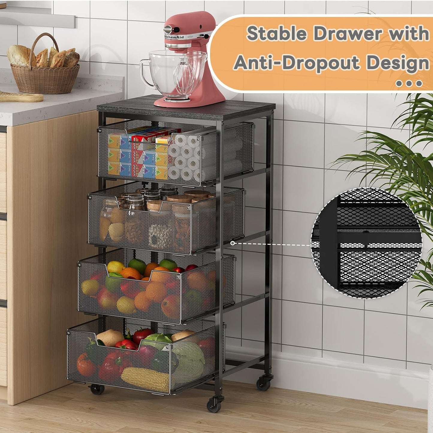 4-Tier Fruit Vegetable Storage Cart - Kitchen Organizer and Storage Cart with Wheels, Wooden Top Metal Wire Fruit Vegetable Rack Stand with Drawers to Storage Cans Snacks for Kitchen(Patent Pending)