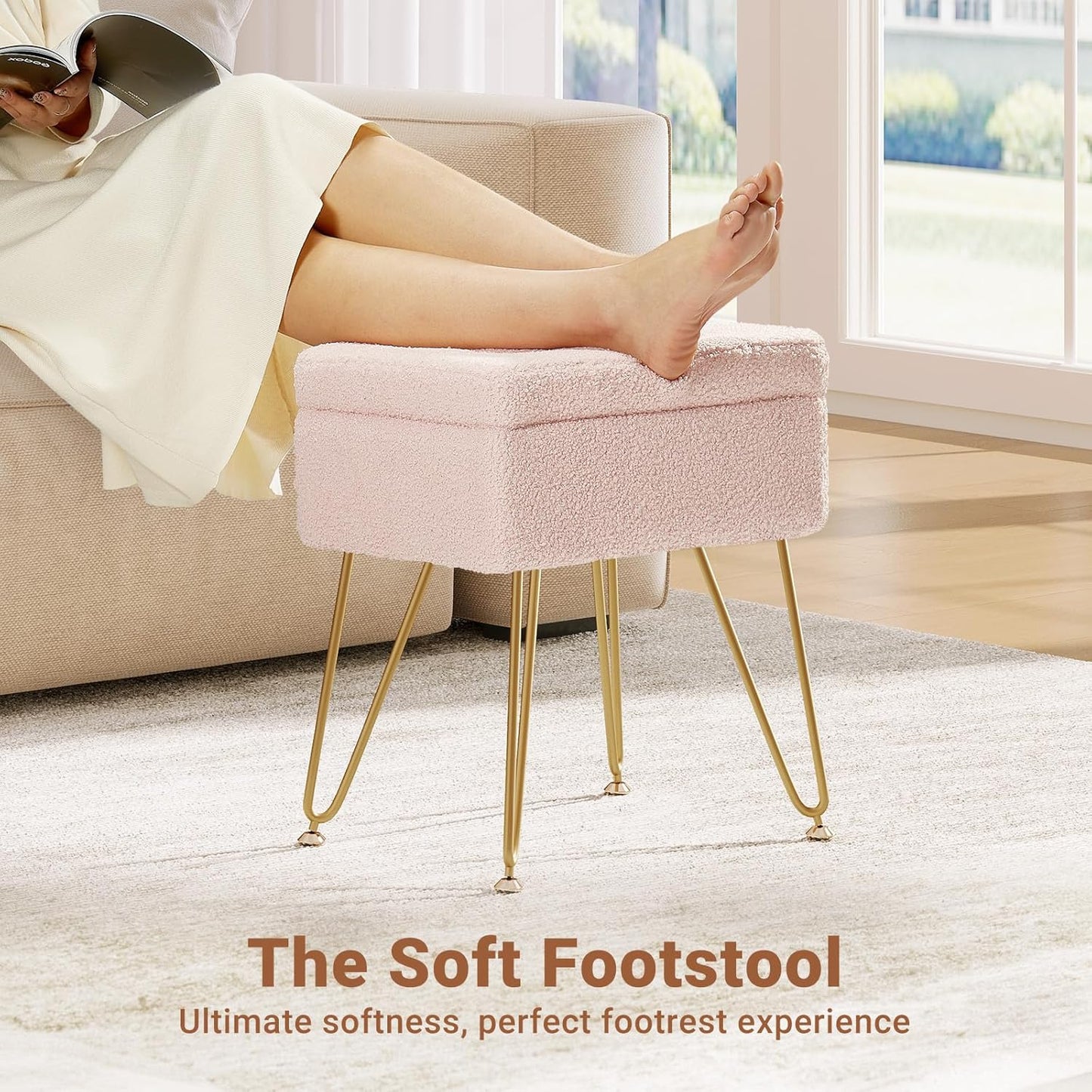 Seventable Vanity Stool Chair with Storage, Teddy Velvet Soft Ottoman, 4 Metal Legs with Anti-Slip Feet, Furry Padded Seat, Multifunctional Stool for Makeup, Footstool, Bedroom, Pink