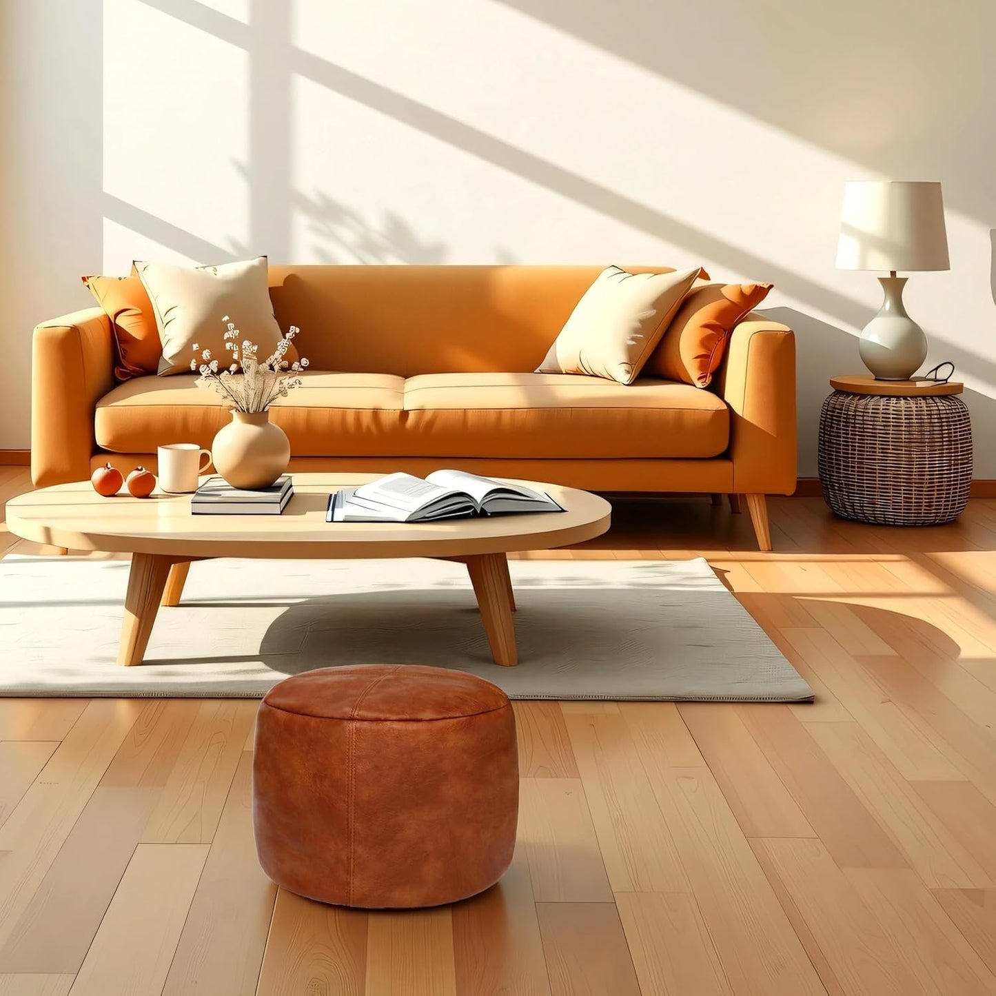 Thgonwid Unstuffed Faux Leather Pouf Cover, Handmade Footstool Ottoman Storage Solution, Floor Footrest Cushion, 16.5”Dx12”H, Amaretto