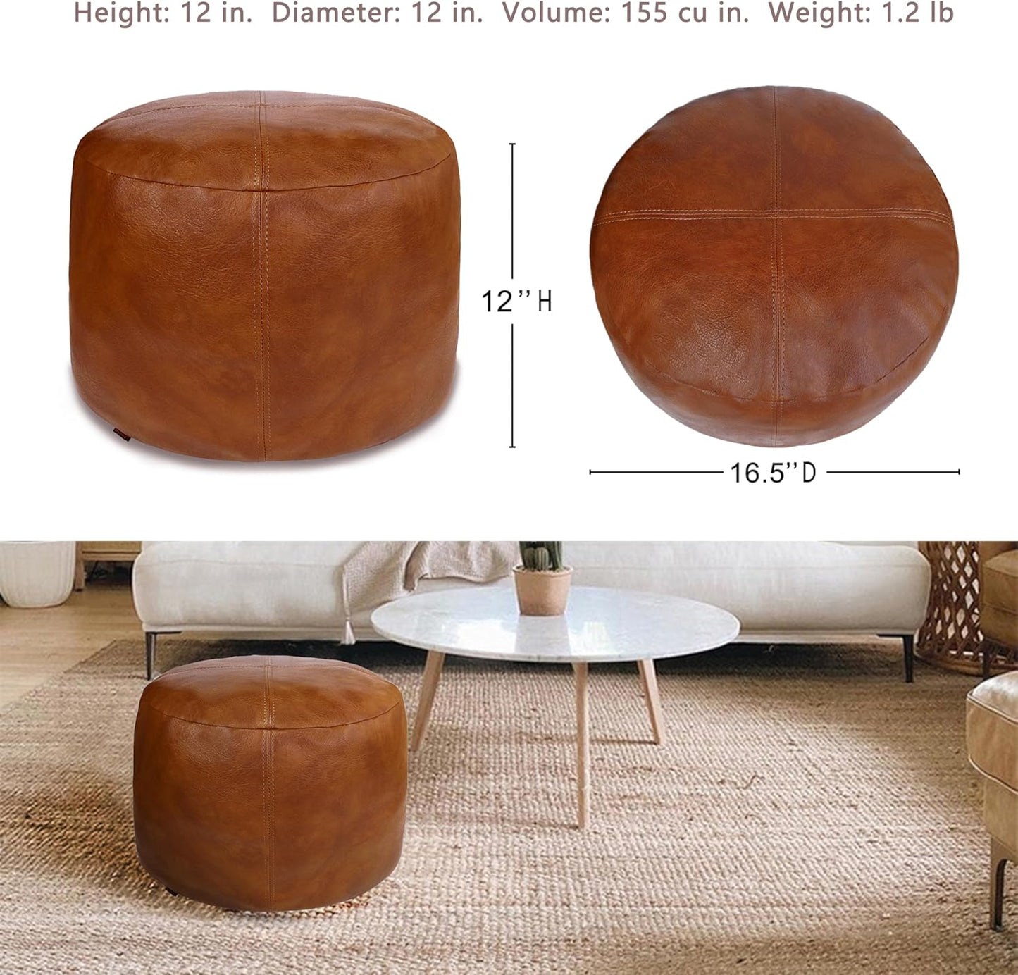 Thgonwid Unstuffed Faux Leather Pouf Cover, Handmade Footstool Ottoman Storage Solution, Floor Footrest Cushion, 16.5”Dx12”H, Amaretto