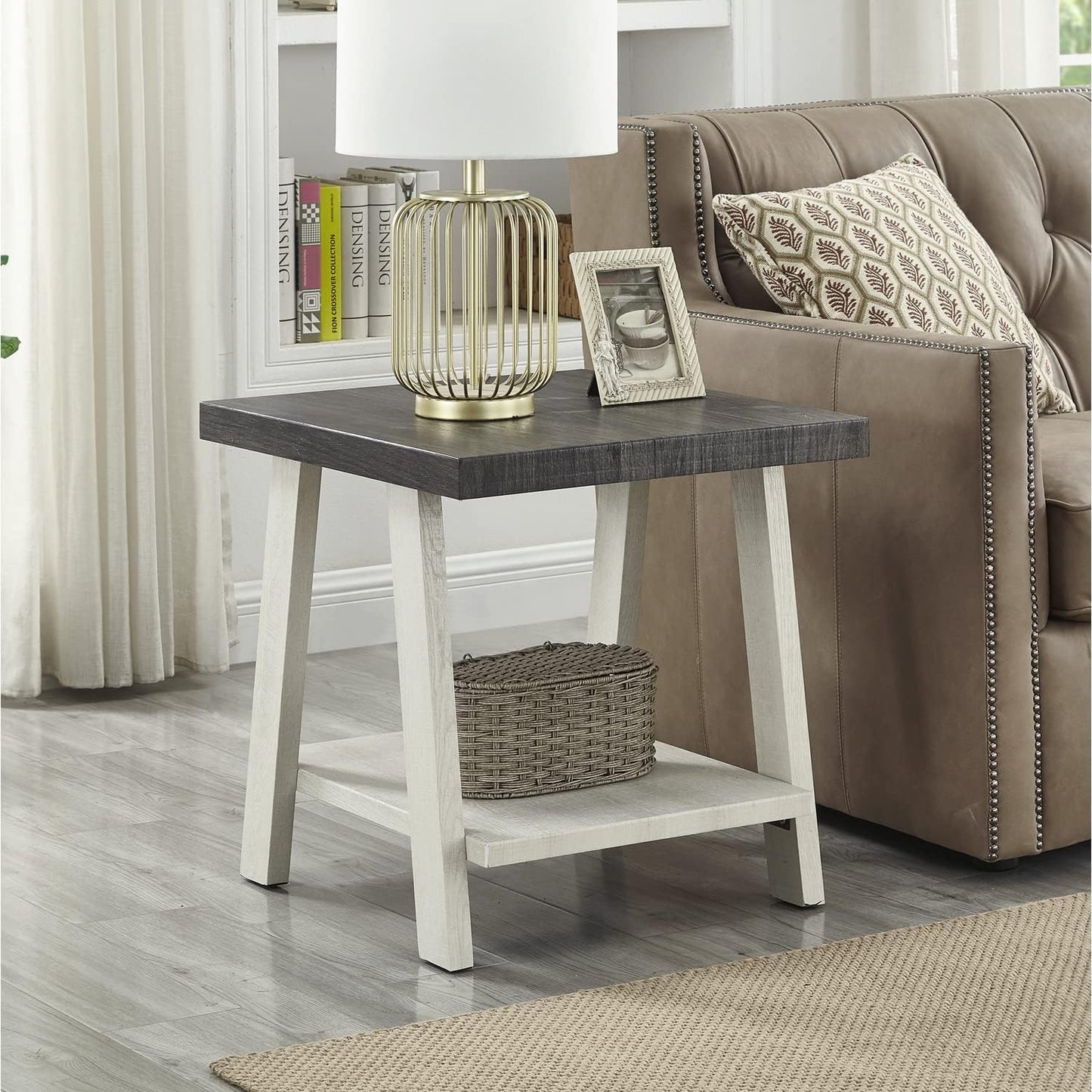 Roundhill Furniture Athens Contemporary Wood Shelf End Table, Weathered Walnut and Gray