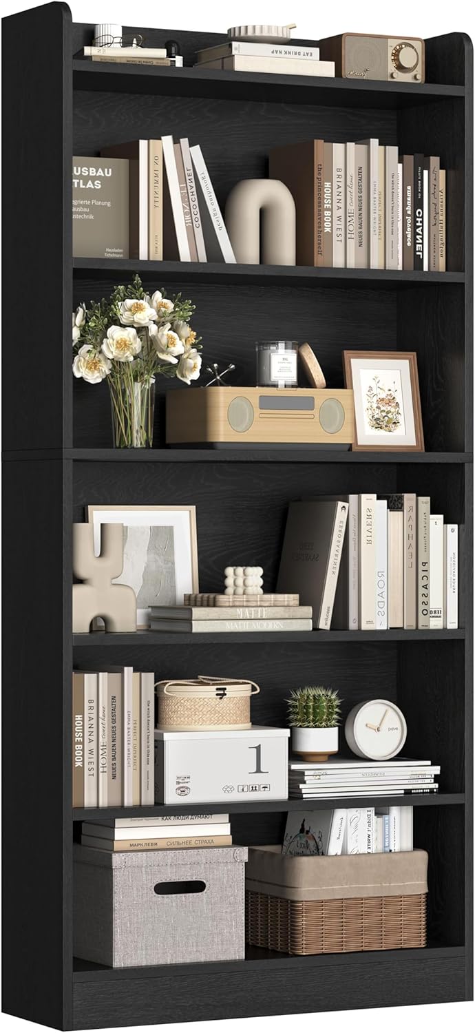 Yaheetech 6-Tier Open Bookcase and Bookshelf, Modern Simple Floor Standing Display Storage Shelves with Top Open Compartment for Home Office, Living Room, Bed Room - Black