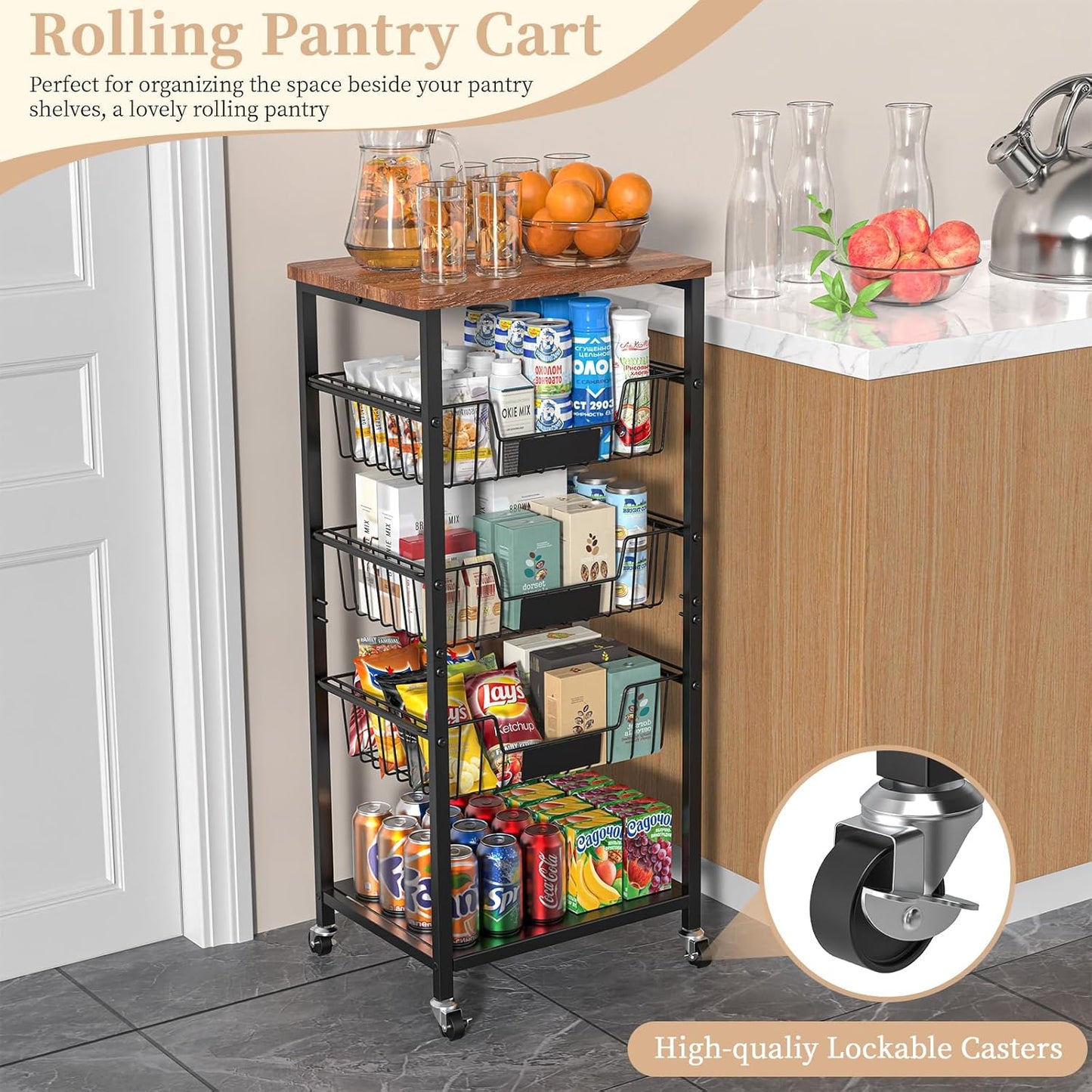 Kitchen Storage Cart, Kitchen Basket, 5-Tier Utility Organizer with Baskets and Wood Top, Rolling Snack Cart with Wheels, Metal Black