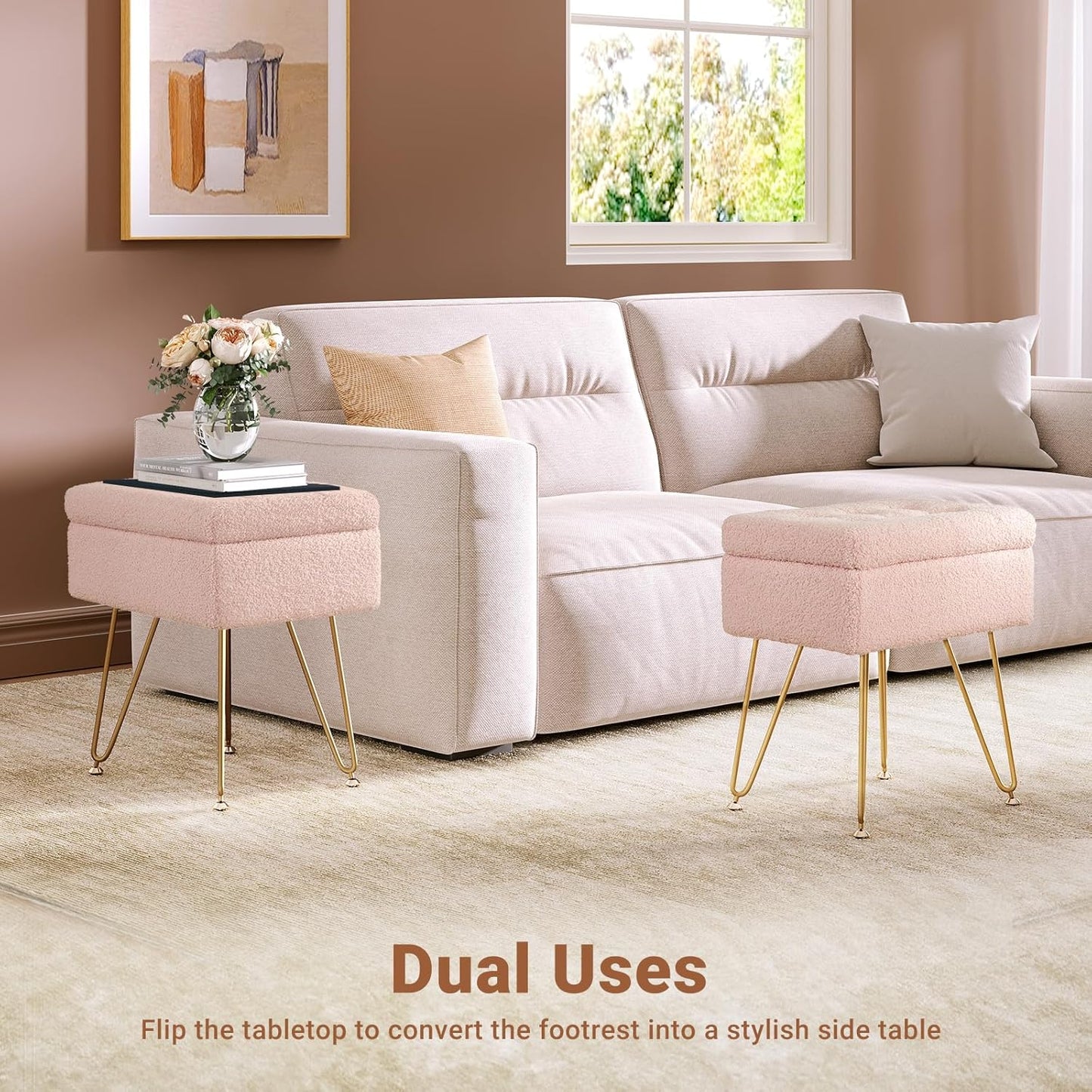 Seventable Vanity Stool Chair with Storage, Teddy Velvet Soft Ottoman, 4 Metal Legs with Anti-Slip Feet, Furry Padded Seat, Multifunctional Stool for Makeup, Footstool, Bedroom, Pink