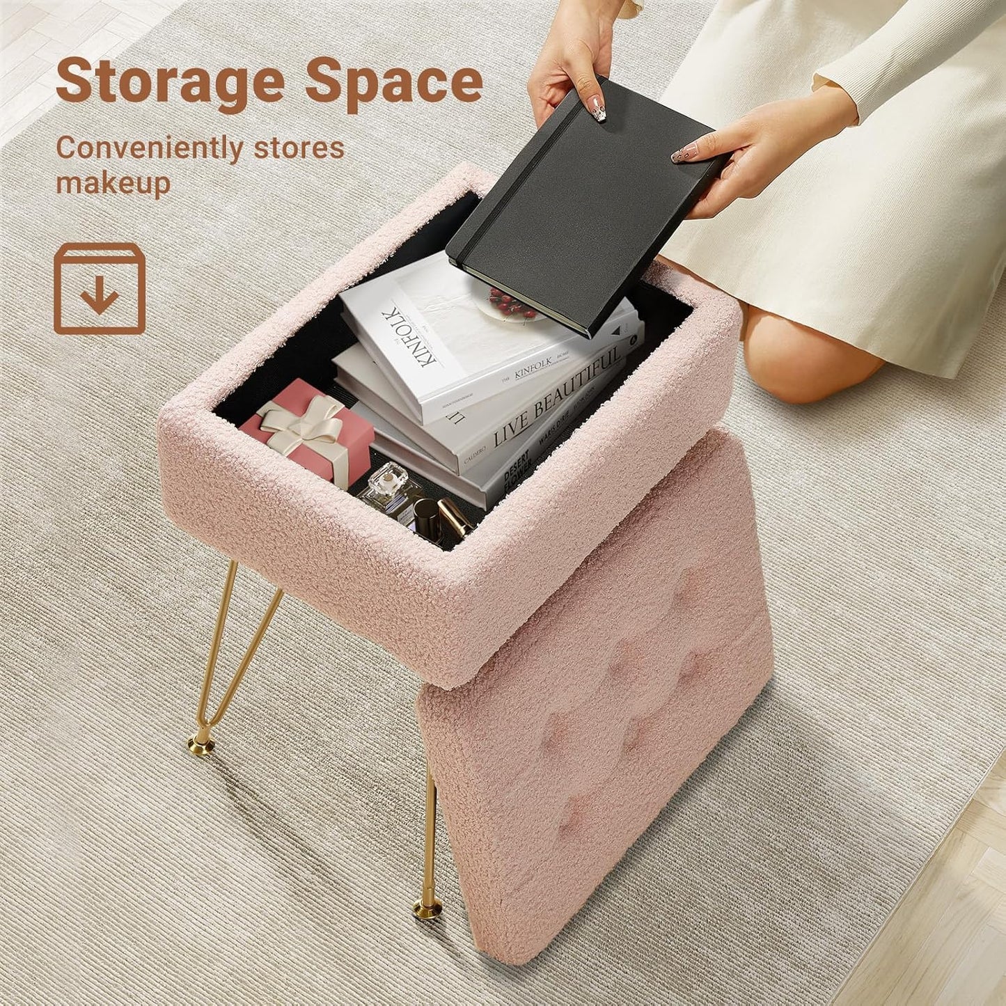 Seventable Vanity Stool Chair with Storage, Teddy Velvet Soft Ottoman, 4 Metal Legs with Anti-Slip Feet, Furry Padded Seat, Multifunctional Stool for Makeup, Footstool, Bedroom, Pink