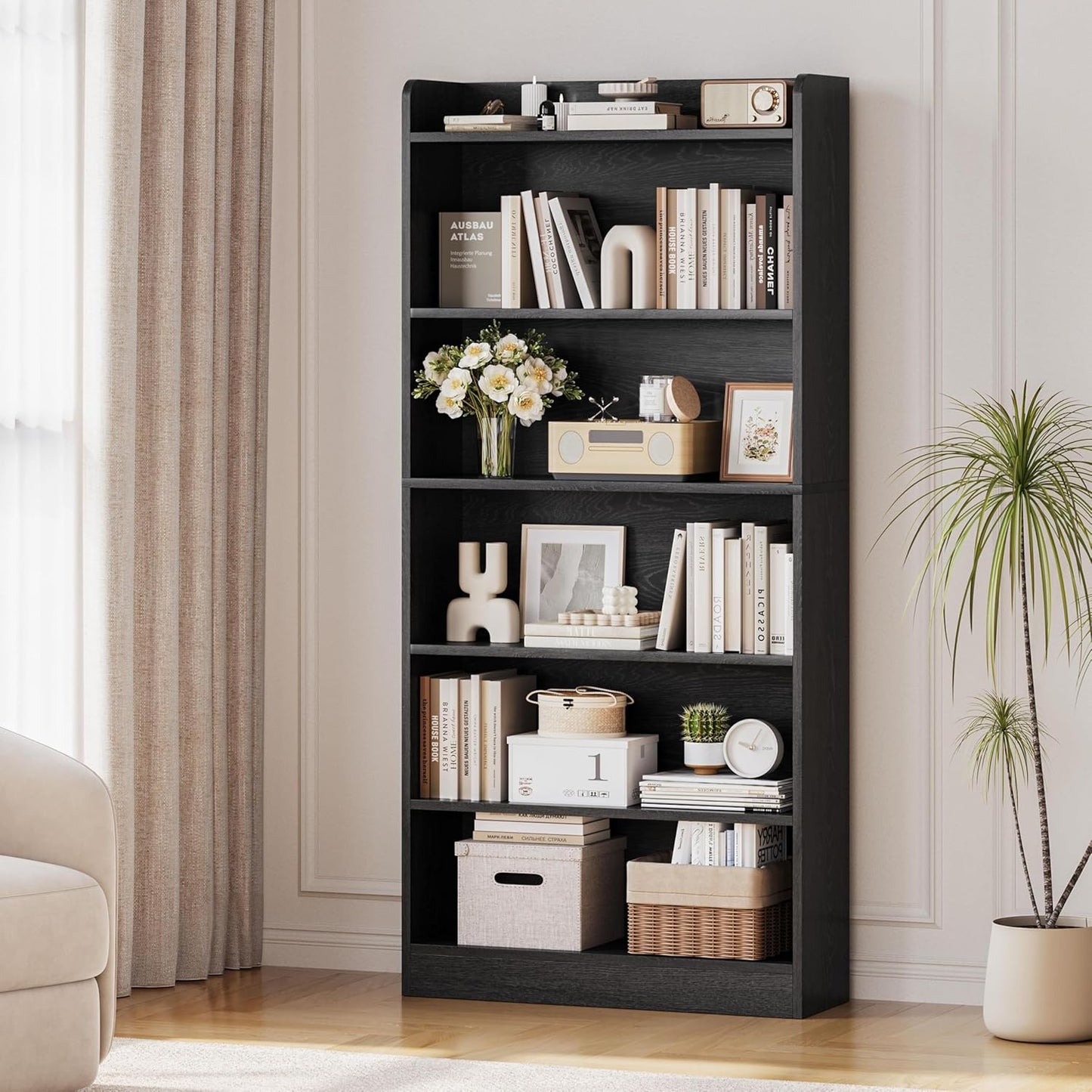 Yaheetech 6-Tier Open Bookcase and Bookshelf, Modern Simple Floor Standing Display Storage Shelves with Top Open Compartment for Home Office, Living Room, Bed Room - Black