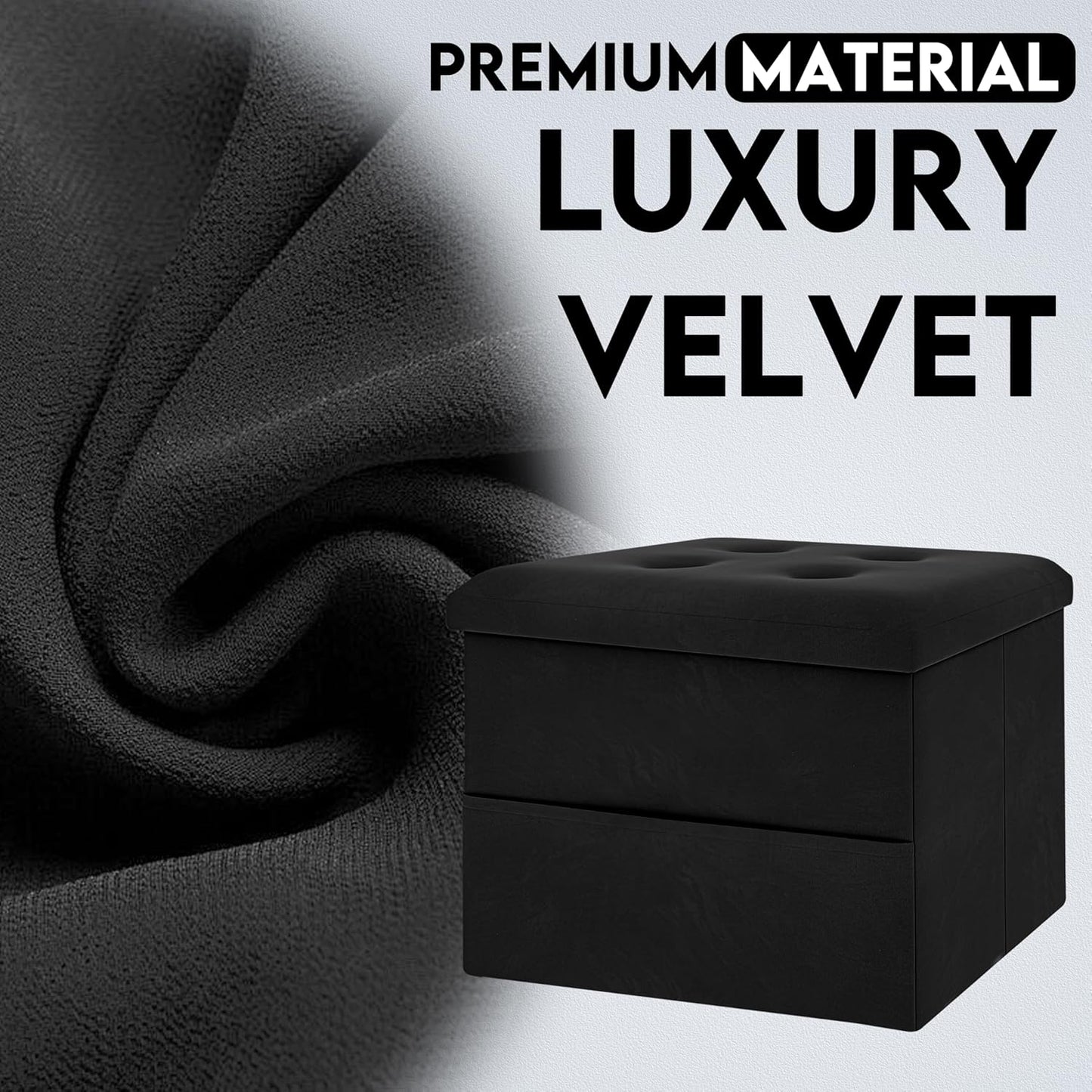 Small Storage Ottoman Foot Rest, Velvet Ottoman with Storage and Side Pocket, Black Foot Rest for Couch, Foldable Footstool for Chair, Living Room&Dorm, 16"x12"x12"