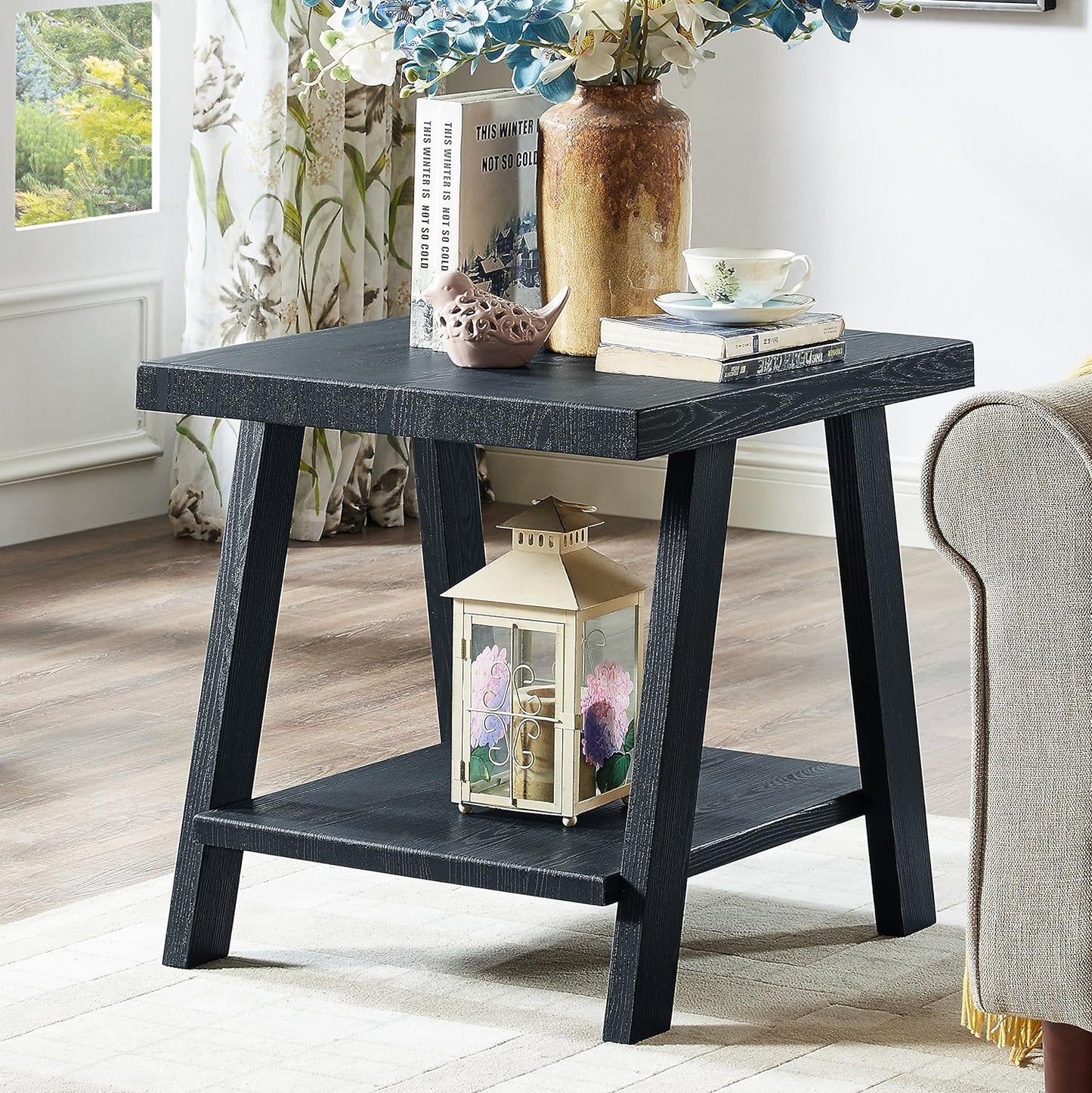 Roundhill Furniture Athens Contemporary Wood Shelf End Table, Weathered Walnut and Gray